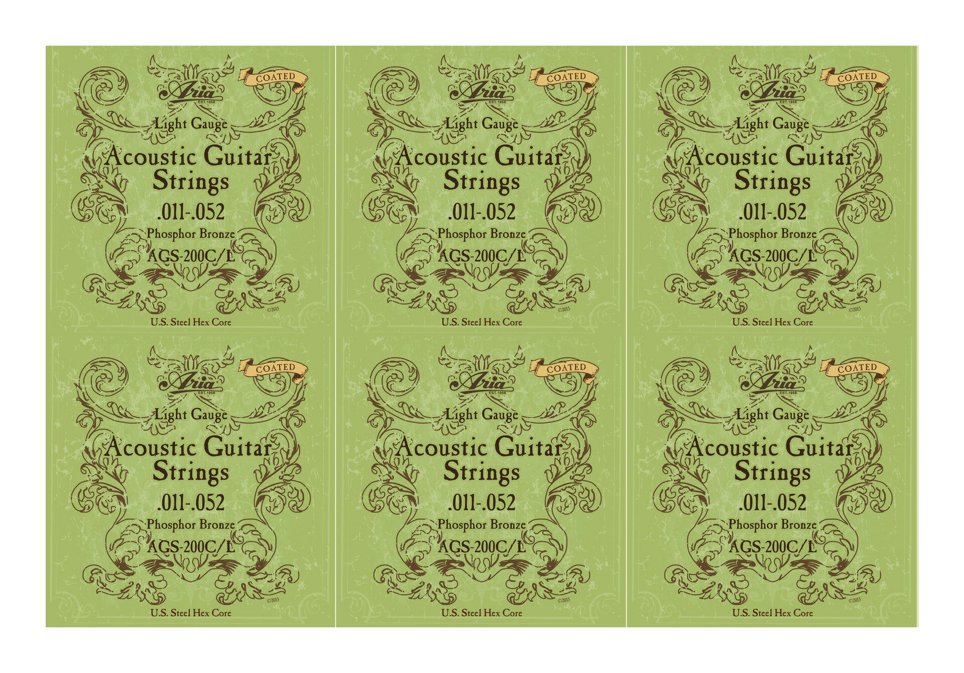 こちらの商品はメール便で発送します。詳細についてはこちらを必ずご確認ください。【ARIA コーティング弦】コーティング弦といえば、Elixir エリクサー、D'addario ダダリオ、ERNIE BALL アーニーボール、Martinマーチンなど、数多くのメーカーがありますが、ARIAよりお求め易いコーティング弦が発売になりました。極薄テフロンで弦をコーティングする事により、より錆びにくく、弦の寿命を長持ちさせます。巻弦の芯線には六角芯(ヘックスコア)を採用し、安価でありながら高いコストパフォーマンスを実現しています。AGS-200C/Lフォスファー・ブロンズ■ゲージ：11-15-22-32-42-52
