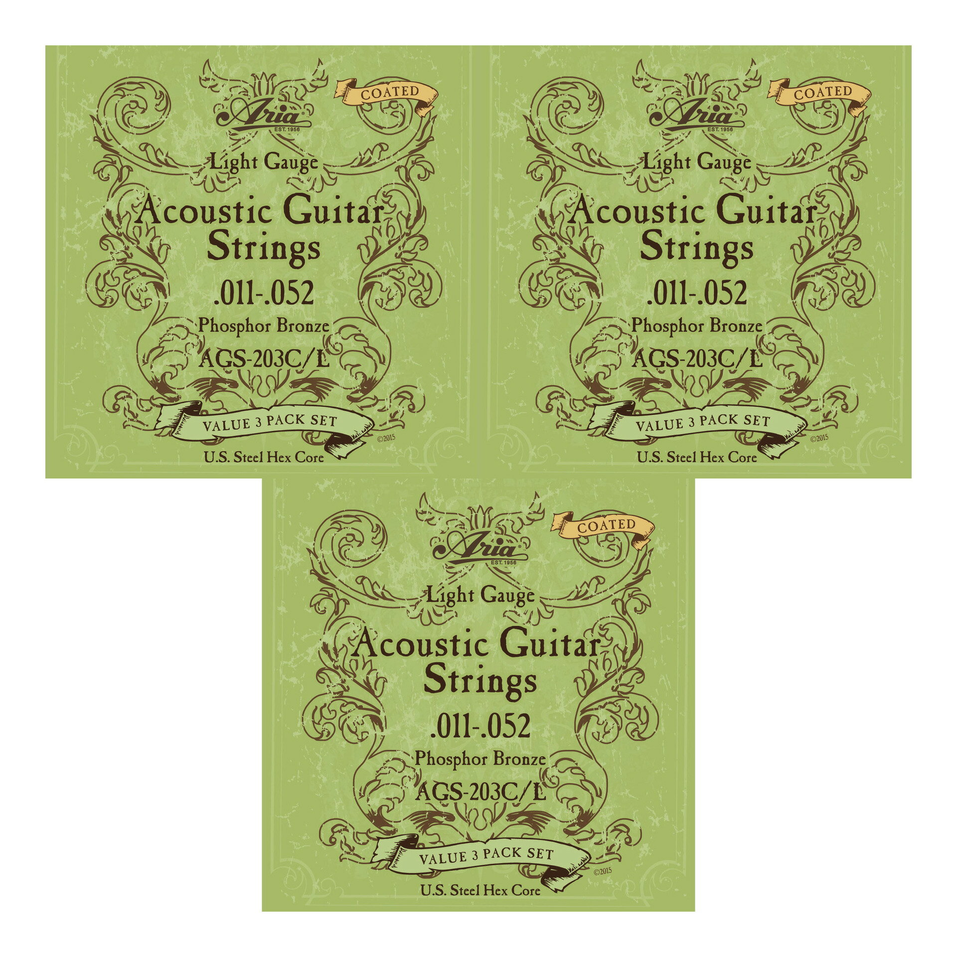 こちらの商品はメール便で発送します。詳細についてはこちらを必ずご確認ください。【ARIA コーティング弦】コーティング弦といえば、Elixir エリクサー、D'addario ダダリオ、ERNIE BALL アーニーボール、Martin マーチンなど、数多くのメーカーがありますが、ARIAよりお求め易いコーティング弦が発売になりました。極薄テフロンで弦をコーティングする事により、より錆びにくく、弦の寿命を長持ちさせます。巻弦の芯線には六角芯(ヘックスコア)を採用し、安価でありながら高いコストパフォーマンスを実現しています。AGS-203C/L 3セットパックフォスファー・ブロンズ■ゲージ：11-15-22-32-42-52