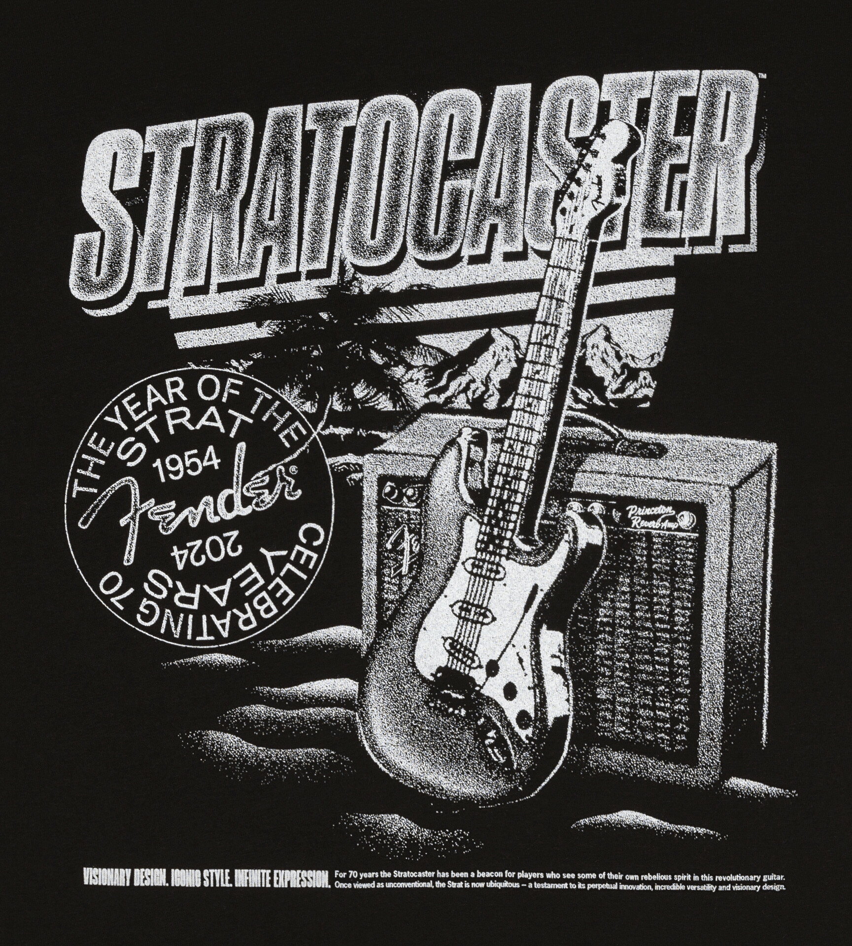【メール便・送料無料・代引不可】Fender Stratocaster 70th Anniversary Tee [XLサイズ] フェンダー ストラトキャスター 70周年 記念 Tシャツ ブラック