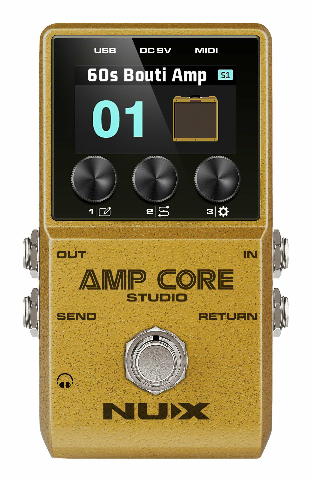 Amp Core Studio-Amp Modeler＆IR Pedal-26の伝説的なアンプモデルをリアルなサウンドとフィーリングで再現するアンプモデラー。キャビネットIR、ノイズゲート、イコライザー、センド/リターン、ヘッドフォンジャックも備えています。PCに接続しオーディオインターフェイスとしての使用やサードパーティIRの読み込みにも対応します。Sampling Frequency:48KHzAD converter:24bitSignal Processing:32bitFrequency Response:20Hz-20KHzNoise Level:-100dBuDynamic Range:108dBPower Consumption:110mA-120mAInput:IN,RETURNOutput:OUT,SEND,PHONESDisplay:TFT color LCD displayPower:9V negative tip power adapterDimensions:122(L)x 72(W)x 48(H)mmWeight:264 gamp_cpre_studio_11.jpg・26の伝説的アンプモデルをコンパクトなペダルサイズに凝縮。・TS/AC-HD(ホワイトボックス)アンプモデリング・アルゴリズムにより、本格的なアンプフィーリングとプレイアビリティを実現。・33種類のキャビネットIRと、サードパーティIRをロード可能な12の空きスロットを装備。・3つのシーンモード切り替えにより異なるアンプモデルをシームレスに切り替え可能。・接続順の変更が可能なノイズゲート(NG)、EQ、パッチレベル(P.L.)、センド/リターン(S/R)機能を内蔵。・1.2msの低レイテンシーと108dBのワイドダイナミックレンジによる優れた音質。・48kHz/32bit高精度プロセッサーによるクリアなオーディオ・パフォーマンス。・PCに接続しオーディオインターフェイスとして、また、専用ソフトウェアを使用してプリセットの編集やIRのロードが可能。・MIDI端子を使用し外部MIDI機器で操作が可能。1/8”TRS-5pin MIDIケーブルも付属。・ヘッドフォン端子付き。※他社メーカーの商標は、サウンドモデリングされたトーンを表現するための参考としてのみ使用されています。各社の商標または登録商標であり、NUXと関係するものではありません。ご注意掲載の商品画像と異なる事がございます。また、ディスプレイの違いにより、実際の色と異なって見える場合がございます。掲載されている内容は品質向上のため予告なく変更する場合がございます。