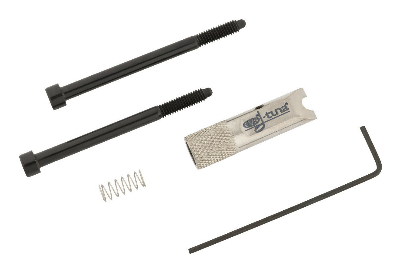 EVH Titanium D-Tunaは、6弦(ローE)を瞬時にDに下げたり元に戻したりできる、画期的なデバイスです。チューニングを変えるために演奏の流れを止めたり、別のギターに持ち替えたりする必要はもうありません。D-Tunaを操作するだけで、瞬時にドロップDチューニングへ切り替え可能です。チタン製のボディは、従来モデルよりさらに軽量かつ強度が高められており、ツアーなどの過酷な使用環境でも安心してお使いいただけます。耐腐食性と耐摩耗性に優れ、滑らかな操作感と高級感あるルックスも魅力です。D-Tunaは1990年代初頭から、エディ・ヴァン・ヘイレン本人のギターや、彼のシグネイチャーモデル(ロック式トレモロ搭載)に標準装備されてきました。他にも、ウォーレン・デ・マルティーニ(Ratt)、マイケル・ウィルトン(Queensryche)、デイヴ・”ザ・スネイク”・セイボ(Skid Row)など、多くのプロプレイヤーたちにも愛用されています。取り付け用ハードウェアと、説明書を付属し、取り付け後は「スライドインでE、スライドアウトでD」というシンプルな操作だけで容易にチューニングの切り替えが可能になります。ほとんどのFloyd Roseスタイルのトレモロに、数分で後付け可能です。主な特徴・数秒で簡単にギターをドロップDチューニングに切り替え可能・Floyd Roseスタイルのトレモロに簡単に取り付け可能・高品質なチタン製・エディ・ヴァン・ヘイレン自身によって設計・使用された信頼のクオリティーD-Tunaキット内容・EVH D-Tunaユニット×1・ストリングロックスクリュー×2・スプリング×1・微調整用アレンレンチ×1