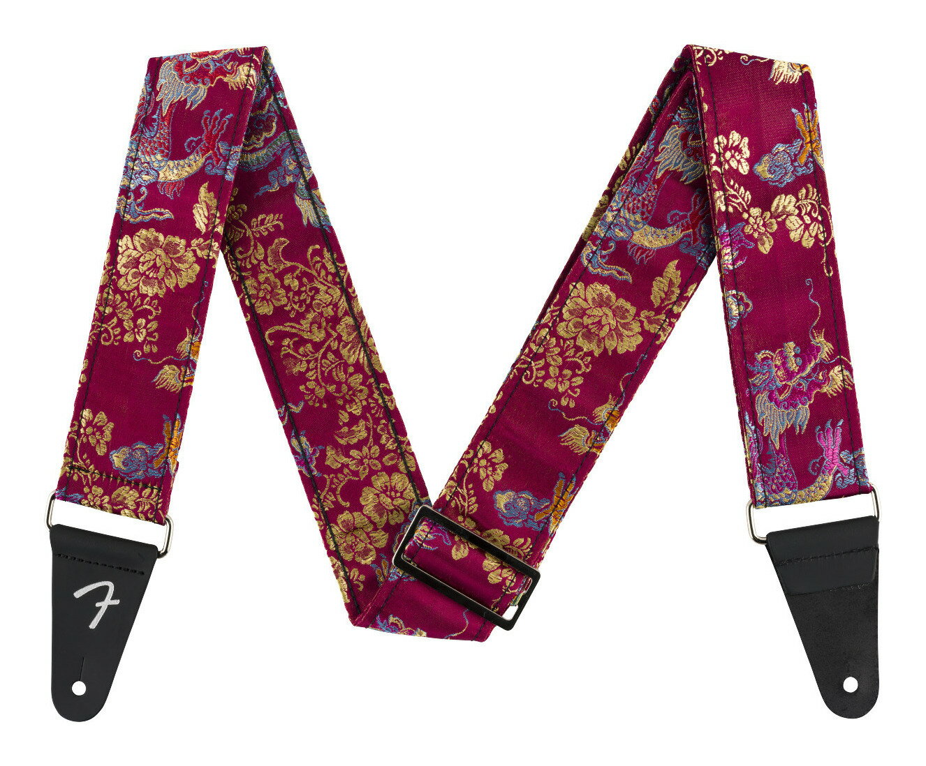 こちらの商品はお取り寄せとなります。3日～1週間ほどでお届け可能です。メーカー品切の際はお時間を頂きます。※画像は撮影用商品のため、お届けの際の商品とは異なります。【ゆうパケット発送】・お問い合わせ番号による郵便追跡サービスがご利用いただけます。※一部定形外郵便発送商品には追跡サービスはございません。・お届けは郵便受けへの投函で完了となります。・日付・時間帯指定はお受けできません。・お届けまで2～5日ほどかかります(お届け地域により異なります)。・繁忙期やお届け地域によっては10日前後かかる場合がございます。・配達の遅延・紛失または破損した場合の補償はございません。・郵便受けに入らないサイズの商品は持ち戻りになる場合がございます。演奏に気品を添えるSatin Dragon Strapsは、美しいチャイニーズブロケードのドラゴン柄生地と大胆なメタリックサテン仕上げが特徴です。米国製のこのストラップは、非常になめらかな手触りの高品質なポリエステルとナイロンの混紡素材で、プレイ中に快適で贅沢な使用感を提供します。本革のエンドパーツと金属製のハードウェアを備えたSatin Dragon Strapsは、印象的なデザインに加え、34～58インチ(約86.4～147.3cm)の間で長さが調整可能です。Material:ポリエステル/ナイロンFeatures:・両面ポリエステル/ナイロン混紡素材・シルバーハードウェア・幅2インチ(約5cm)、長さ34～58インチ(約86～147cm)で調整可能・Fenderの“F”ロゴ箔押し入りレザーエンドタブ・アメリカ製
