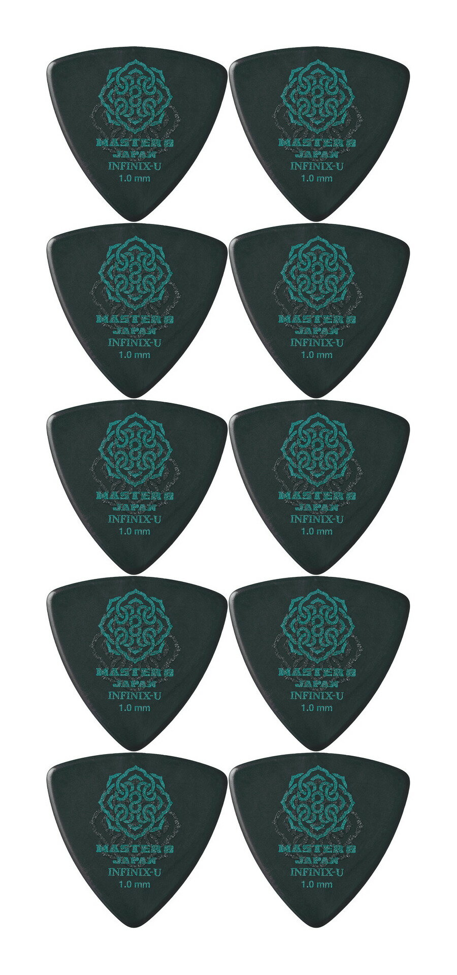 ※画像は撮影用商品のため、お届けの際の商品とは異なります。【ゆうパケット発送】・お問い合わせ番号による郵便追跡サービスがご利用いただけます。※一部定形外郵便発送商品には追跡サービスはございません。・お届けは郵便受けへの投函で完了となります。・日付・時間帯指定はお受けできません。・お届けまで2～5日ほどかかります(お届け地域により異なります)。・繁忙期やお届け地域によっては10日前後かかる場合がございます。・配達の遅延・紛失または破損した場合の補償はございません。・郵便受けに入らないサイズの商品は持ち戻りになる場合がございます。「INFINIX-U HARD POLISH」は、INFINIX素材が持つしなやかな弾き心地に、ULTEM(R)の高い剛性を融合させたフラッグシップモデル「INFINIX-U」をベースに、表面へポリッシュ仕上げ〈HARD POLISH〉を施したギター・ベース用のピックです。滑らかなフィーリングとともに、粒立ちの良さや抜けのあるクリアなトーンを実現。弦に触れた瞬間に広がる研ぎ澄まされたアタックと鮮明な響きは、フレーズを際立たせます。ULTEM(R)の剛性によってより高い耐久性を獲得し、激しいピッキングや長時間の演奏でも安定感を維持。ライブやリハーサルといった過酷な環境でも確かな信頼性を発揮します。繊細なニュアンス表現から、力強く重厚なリフワークまで幅広いスタイルをカバーし、ジャンルを問わずギタリストに新たな可能性をもたらす一枚。それが「INFINIX-U HARD POLISH」です。Hard Grip:ハードな演奏にも対応する滑り止め仕様。独自技術のデザインに干渉しない透明素材のサンドグリップを採用しています。＜INFINIX serise製品特性に関してのお知らせ＞MASTER8JAPAN製品をご愛用頂き誠にありがとうございます。INFINIX seriseの製品上部にバリ(突起)、擦れが残っている場合がございますがこちらは製造工程上発生するバリ(突起)及び擦れのため不良品と判断しておりません。バリ(突起)及び擦れを仕上げて目立たなくすることは可能ですが、その工程を行うことで製品特性である側面のエッジが無くなりサウンドに大きく影響致します。プレイアビリティを重視しての仕上げ工程となっております。形状/厚さ:TRIANGLE Type/1.0mm
