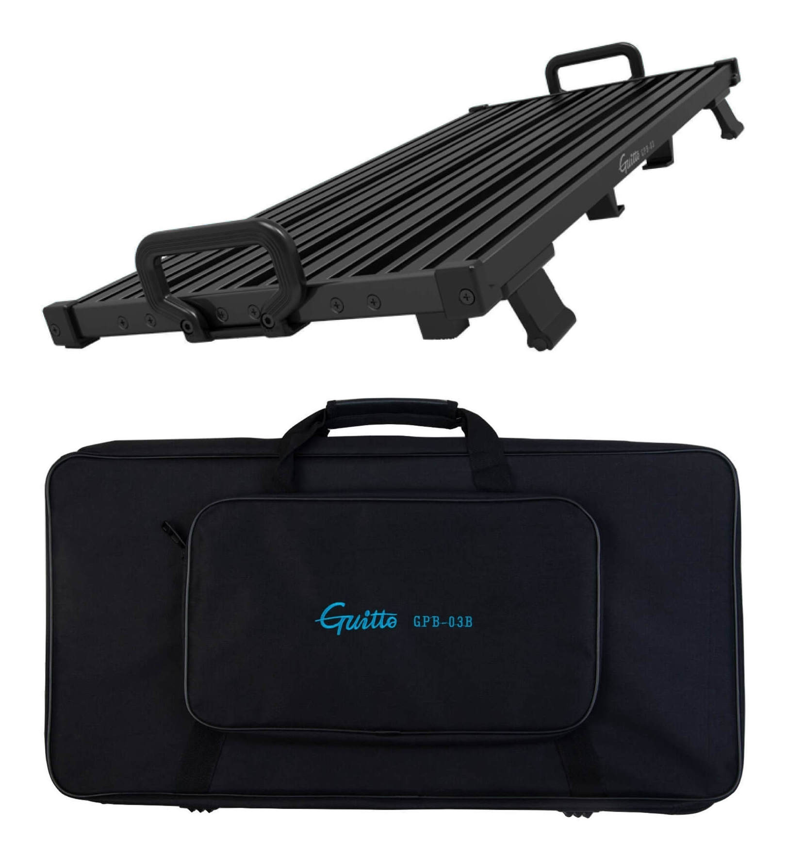 こちらの商品はお取り寄せとなります。3日～1週間ほどでお届け可能です。メーカー品切の際はお時間を頂きます。GPB-03は、軽量かつ強靭なアルミ合金フレームに折りたたみ式アンダーシャーシを備えたペダルボードです。付属の固定ブロックを使う独自の固定方式で、面ファスナーに頼らず素早く確実にレイアウト可能。表面はアルマイト処理、外周はエッジ保護設計で傷に強く、過酷な踏み込みにも対応します。電源はボード下に収納でき、省スペースで持ち運びも容易です。固定ブロックで手軽に素早くレイアウト溝にTナットを差し込み、固定ブロックでペダルの側面を押さえてネジ留めするだけのシンプル構造です。面ファスナーの貼り替えや糊残りがなく、レイアウト変更も短時間で完了。サイズや形が異なるペダルも均一の力で固定でき、ガタつきやズレを抑えます。現場での急な入れ替えや、スタジオと自宅での機材入替にも柔軟に対応します。折りたたみ式アンダーシャーシで配線と携行性を両立ボード下に電源を収められるため、天面のスペースを最大限に活用できます。電源やケーブルが視界に入らず、踏み間違いを減らし、見た目もすっきり。折りたたみ機構により、使用時は十分な剛性を確保しつつ、撤収時は薄く畳んで省スペースで持ち運べます。高さ31～35mm・奥行き54mm以下・長さ140～155mmのパワーサプライに適合します。アルミ合金×アルマイト×エッジ保護の高耐久設計フレームは軽量なアルミ合金で、持ち運びの負担を軽減。表面のアルマイト処理は擦り傷や汚れに強く、外周のエッジ保護が積み下ろし時の衝撃から機材を守り、四隅の接触でも塗装剥がれを抑制。付属のL型/T型の六角レンチ、ラッチフックなど実用的な付属品により、組み立てと運用の両面で扱いやすさを高めています。※注意事項・電源収納部の対応サイズは目安です(H:31～35mm以下/W:54mm以下/L:140～155mm)。ご使用予定の電源サイズを事前にご確認ください。・固定ブロックとネジは均等に締め付け、過度なトルクを避けてください。・踏み込みや移動時は、ケーブルに余裕を持たせて断線やプラグ抜けを防止してください。・表面仕上げを長持ちさせるため、溶剤や研磨剤の使用は避け、柔らかい布で乾拭きしてください。・本ページに掲載しているスペックは、実際の製品を測定した実測値です。・メーカー本国サイトや海外通販サイトに掲載されている数値と異なる場合がありますが、実機に基づいた数値のため、実使用時の目安として安心してご参照ください。・スラント用アンダーシャーシは強力なバネ機構により自動で展開します。・展開時は手や顔などを近づけないよう、十分ご注意ください。・外観・付属品・仕様は予告なく変更となる場合があります。スペック製品サイズ:663 x 330 x 30-75mm(ハンドル除く)製品重量:3,090gハンドルサイズ:120 x 75 x 30mmバッグサイズ:715 x 360 x 80mm対応パワーサプライサイズ:高さ31～35mm x奥行き54mm以下x幅140～155mmパッケージサイズ:75 x 41 x 10.5cmパッケージ重量:7.08kg生産国:中国※商品の仕様、価格並びに付属品などは予告なく変更することがあります。※工具の使用や、パーツの取り付け/改造は専門知識が必要になります。自信の無い方はリペアショップに相談下さい。※製品の特性上、製造過程で微細な研磨痕や擦れが生じることがございます。これらは製品の品質や性能に影響を及ぼすものではございません。※お使いのブラウザや環境により実際の商品と色が異なる場合がございます。