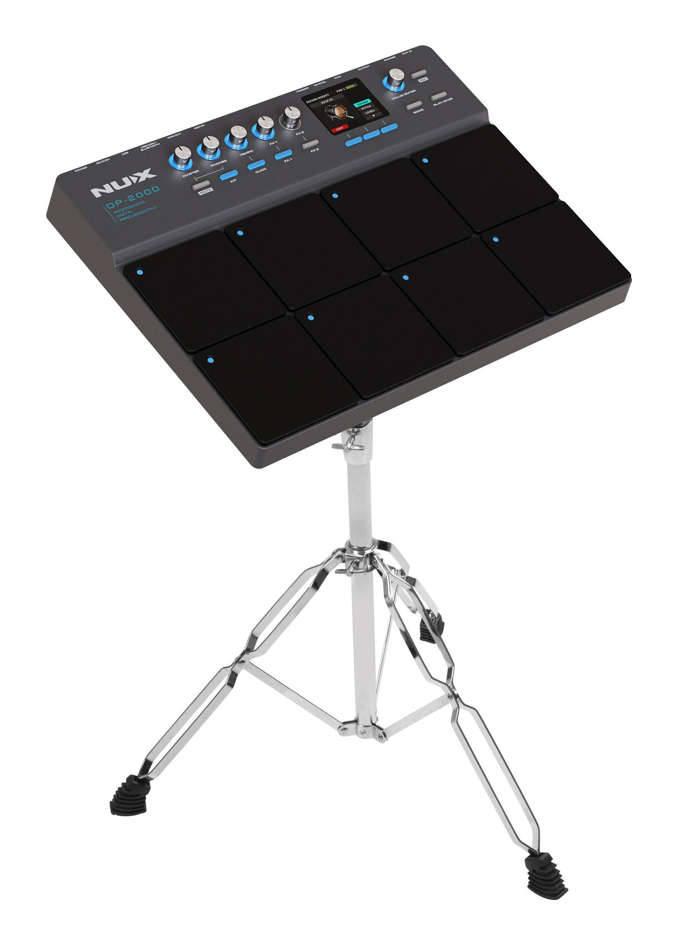 ★セット内容★本体:NUX DP-2000専用スタンド:NUX DPS-1Digital Percussion Pad DP-2000は、ベロシティ対応の独立した8つのストライクパッドを備えたパーカッションパッド。NUX DM-8から移植された高品質なアコースティックドラムサウンドに加え、多くのサウンドライブラリが搭載されています。また、WAVサンプルインポート機能によりお気に入りのサウンドを追加する事も可能です。Jack:AUX IN,PHONES,OUTPUT,KICK,HH CTRL,TRIGGER IN,MIDI IN/OUT,USB DISK/BLUETOOTH MODULE,USB,DC IN 9VDimension:408 x 62 x 314 mm(W x H x D)Weight:約3 Kg付属品:スティック,スタンド取付用ブラケット,電源アダプター,NBT-1 Bluetoothモジュール,6.35mmパッチケーブル,携帯用バッグ※専用スタンド(DPS-1)は別売りです。NUXのフラッグシップドラムキットDM-8のアコースティックドラムサウンドに加え、パーカッション、エレクトリックサウンドなど多彩なサウンドライブラリによりさまざまな音楽スタイルに対応。多ジャンルに対応する20のサウンドプリセットを収録。(+ユーザープリセットスロット20)ベロシティ(叩く強弱に応じて音量が変化)対応の8つのストライクパッド。1つのパッドに強弱で切り替え可能な2つのサウンドを設定する事ができるレイヤー機能も搭載。シンプルで使いやすいコントロール＆カラーディスプレイを備え、ストライクパッドにはLEDを搭載。強弱や音の長さに応じて明るさが変化。6つのエフェクト(ディレイ、リバーブ、オーバードライブ、トレモロ、コンプ、EQ)を内蔵。-USB-Cポートにお気に入りのドラムサウンドを入れたUSBメモリを接続すればサウンドライブラリに追加する事が可能。(WAVインポート)WAV音楽再生にも対応しているので音楽に合わせての演奏や練習に最適。付属のBluetoothモジュールを接続すれば、Bluetoothオーディオ、Bluetooth MIDI機能にも対応します。-拡張用の3つの端子を装備し、トリガー、キック、ハイハットペダルを追加し、コンパクトなドラムセットを構築することも可能です。ご注意ディスプレイの違いにより、実際の色と異なって見える場合がございます。掲載されている内容は品質向上のため予告なく変更する場合がございます。