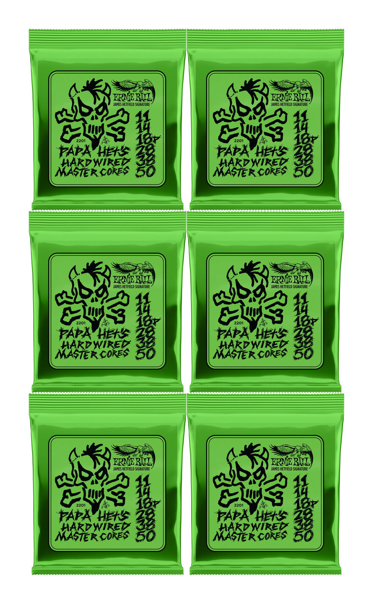 【ゆうパケット発送】・お問い合わせ番号による郵便追跡サービスがご利用いただけます。※一部定形外郵便発送商品には追跡サービスはございません。・お届けは郵便受けへの投函で完了となります。・日付・時間帯指定はお受けできません。・お届けまで2～5日ほどかかります(お届け地域により異なります)。・繁忙期やお届け地域によっては10日前後かかる場合がございます。・配達の遅延・紛失または破損した場合の補償はございません。・郵便受けに入らないサイズの商品は持ち戻りになる場合がございます。P02201:Papa Hets Hardwired Master Core Signature Strings 11-50 GaugePapa Het’s Hardwired Master Coreのシグネチャー・ストリング・セットは、MetallicaのJames Hetfield(ジェイムズ・ヘットフィールド)と過去10年にわたり共同開発され、彼のアグレッシブなプレイスタイルとテクニックに最適に応えるために作られました。本セットは、Jamesが好むゲージを採用し、より太いParadigmコアワイヤーにニッケルプレーテッド・スチールの巻線、さらに独自のEverlastナノトリートメントを施しています。プレーン弦には、強度とチューニング安定性を高めるため、ボールエンド部にブラス(真鍮)補強を施したParadigmコアワイヤーを採用しています。