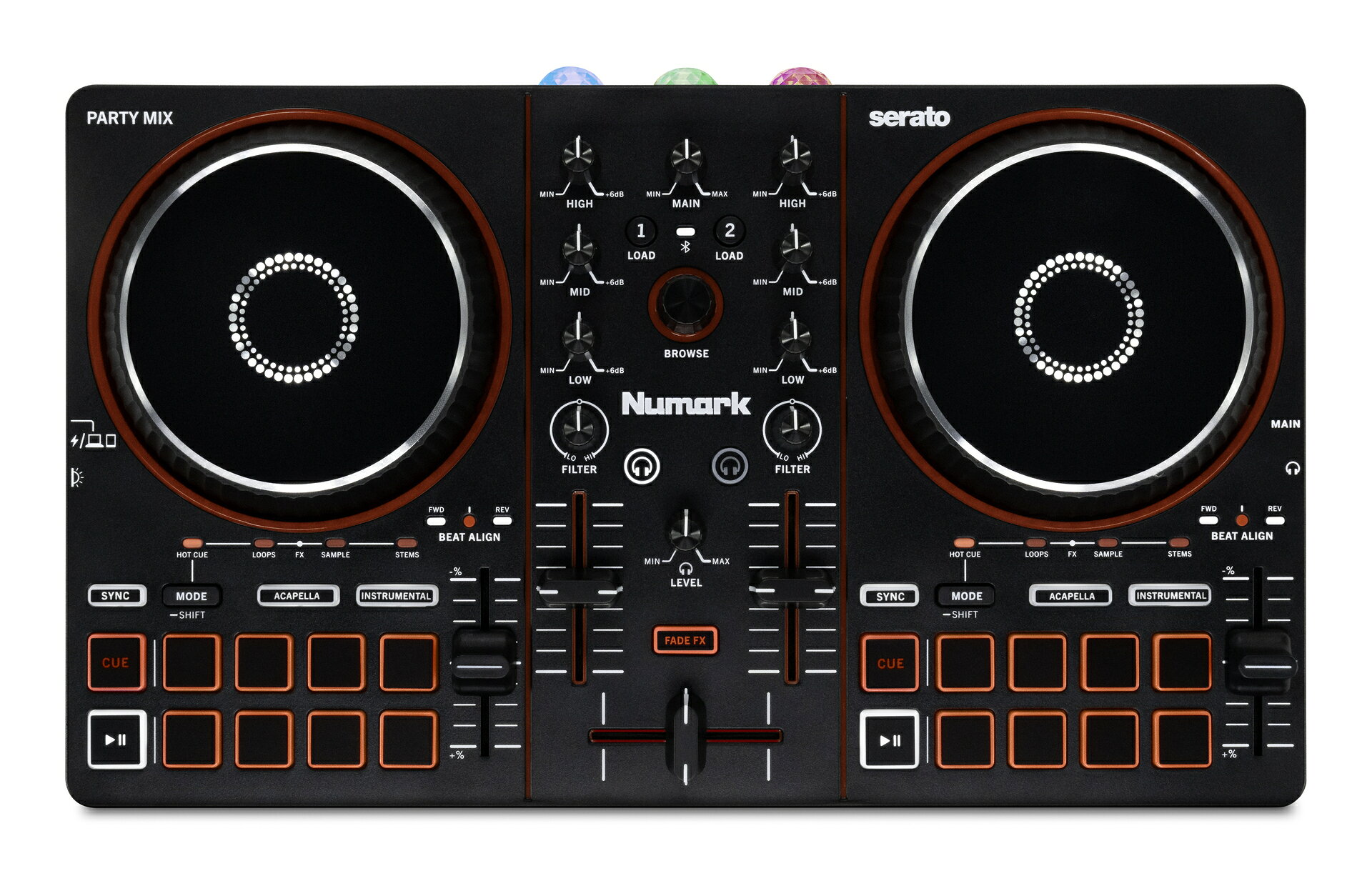 Numark Party Mix III内蔵ライトショー搭載DJコントローラー製品概要この10年間、Party Mixは世界中のこれからDJを始めるユーザーがミックスの楽しさを発見し、本格的なDJスキルを身につけるきっかけを提供してきました。Party Mix IIIは、このコンパクトで充実した機能を備え進化した最新のコントローラーであり、現代のDJワークフローをサポートする最新ツールを追加しています。Serato DJ Lite/Pro、Algoriddim djay、VirtualDJなど主要なDJソフトウェアに対応し、特にdjayはiOSとAndroidにも対応しているため、Party Mix IIIはあらゆる環境で、いつでもパフォーマンスに対応できます。Party Mix IIIはパフォーマンスパッドの数を倍増し、専用のStemsコントロールを追加するとともに、Fade FXやその他のミックスを強化する機能へ素早くアクセスできます。ビートに同期するおなじみのLEDライトショーは、Party Mixらしい“パーティーの雰囲気”を演出し、モダンに刷新された外観はどのような環境にも自然にマッチします。学習、練習、そして自信を持ったパフォーマンスのために設計されたParty Mix IIIは、2デッキコントロールと、3バンドEQ、Filterノブ、メインゲインを備えたトラディショナルなミキサーレイアウトを採用しています。内蔵サウンドカードにはスピーカー出力とヘッドホン出力を備え、次の曲を事前に確認し、オーディエンスに聴かせる前にミックスをモニターできる本格的なDJ体験を実現します。各デッキのBeat Alignインジケーターは、手動でのビートマッチングを学び、ミックススキルを磨くのに役立ちます。専用のStemsコントロールにより、ボーカルやインストゥルメンタルをその場で簡単に分離できます。またFade FXにより、クロスフェーダーを使った表現力豊かなトランジションが可能です。大型化されたパフォーマンスパッドと複数のパッドモードにより、キュー、ループ、サンプル、Stems、FXを直感的に操作でき、Bluetooth MIDIによって対応するiOS/AndroidデバイスからワイヤレスDJプレイも実現します。一体型ライティングと強力な機能群を組み合わせたParty Mix IIIは、DJの練習を楽しく直感的にするエネルギー、ワークフロー、そしてツールを提供します。主な特徴*Stemsコントロール(パッドモードおよび専用Instrumental/Acapellaボタン)*Fade FX(クロスフェーダーで作動するミキシングFX)*Bluetooth MIDIコントロール(スマートフォンとケーブル接続せずにDJプレイが可能)*内蔵LEDライトショー*手動ビートマッチングの習得をサポートする各デッキのBeat Alignインジケーター*静電容量式タッチ対応ジョグホイール*3バンドEQ、Filter、Main gainノブ*楽曲ナビゲーションおよびロード機能*各デッキ8個のパフォーマンスパッド*Cues、Loops、Sampler、Stems、FXに対応する専用パッドモード*付属ソフトウェア(無償):Algoriddim djay(iOS、Android)、Serato DJ Lite、Algoriddim djay Pro(Mac、PC)*対応ソフトウェア(ライセンスが必要):Serato DJ Pro、Virtual DJ*USB-CケーブルでSerato、VirtualDJ、Algoriddim djay Pro(PC、Mac)に接続*Bluetooth MIDIまたはUSB-CケーブルでAlgoriddim djay(iOS、Android)に接続*スピーカー出力とヘッドホン出力を備えた内蔵サウンドカード*USB-C給電(コンピューター、タブレット、スマートフォン、モバイルバッテリー、USB充電アダプター)技術仕様*高品質オーディオ:24-bit/48 kHz解像度によるクリアで信頼性の高いサウンド*ワイヤレスMIDI接続:Bluetooth?Low Energy(BLE)、Bluetooth 4.2以降に対応*クラスコンプライアントUSB:ドライバーのインストール不要でプラグ&プレイ接続*ソフトウェア互換性:Serato DJ Intro(付属)、Algoriddim djay(付属)、VirtualDJ(ライセンスが必要)*USBバスパワー駆動:5V?500 mA(外部電源不要)