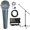 セット内容（1）本体：SHURE BETA58A（2）3/8→5/8変換ねじ（3）マイクホルダー（4）マイクポーチ（5）ケーブルホルダー（6）SHUREステッカー（7）ブームマイクスタンド（ソフトケース、マイクホルダー付）：KC MBCS（8）ポップブロッカー：KIKUTANI　PO-5S（9）マイクケーブル 5m：CANARE EC05-B※XLRオス⇔XLRメス※ノイトリック製コネクター ダイナミック・ボーカルマイクロホンの最上位モデル。 ● 力強くホットなサウンドに加え、伸びやかで、洗練された中高域のレスポンスを獲得。 ● 均一なスーパーカーディオイド特性により、他の音源に対する高いセパレーションを確保。 ● カートリッジには、大出力と優れたSN比を実現する、ネオジウムマグネットを採用。 [Beta 58A 主な仕様] ・ 指向特性：スーパーカーディオイド ・ 周波数特性：50Hz〜16kHz ・ インピーダンス：150Ω ・ 開回路感度：-51.5dB re 1V/Pa ・ コネクタ：XLR3ピン、オス ・ 寸法・質量：φ51×全長164mm、278g ・ 付属品：マイクホルダ（A25D）、3/8&quot;→5/8&quot;変換ねじ、マイクポーチ ・ 別売ウインドスクリーン（A58WS） 様々なお買い得セットご用意しました!!【CANAREマイクケーブル付7点セット】SHURE/シュアー Beta 58A ボーカルマイク【正規品2年保証】【ブームマイクスタンド付7点セット】SHURE/シュアー Beta 58A ボーカルマイク【正規品2年保証】【ブームマイクスタンド+CANAREマイクケーブル付8点セット】SHURE/シュアー Beta 58A ボーカルマイク【正規品2年保証】【ポップブロッカー付7点セット】SHURE/シュアー Beta 58A ボーカルマイク【正規品2年保証】【マイクスタンド+ポップブロッカー+マイクケーブル付9点セット】SHURE/シュアー Beta 58A ボーカルマイク【正規品2年保証】