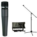 セット内容（1）本体：SHURE SM57-LCE（2）3/8→5/8変換ねじ（3）マイクホルダー（4）マイクポーチ（5）ケーブルホルダー（6）SHUREステッカー（7）ブームマイクスタンド（ソフトケース、マイクホルダー付）：KC MBCS オールマイティに活躍する、ダイナミック・マイクロホンの傑作。 ● ギターアンプやベースアンプ、アコースティック楽器など、適度なプレゼンス・ピークを持つ周波数レスポンスにより、自然なサウンドを再現。 ● レコーディングスタジオやステージはもちろん、放送局、会議室など、さまざまな場面で活躍。 ● バックグラウンドノイズを最小限に抑えるタイトな指向特性により、狙った音源を的確に収音。 ● ハードな使用環境でも安心の頑丈設計。 [SM57-LCE 主な仕様] ・ 指向特性：カーディオイド ・ 周波数特性：40Hz〜15kHz ・ インピーダンス：150Ω ・ 開回路感度：-54.5dB re 1V/Pa ・ コネクタ：XLR3ピン、オス ・ 寸法・質量：φ32×全長157mm、284g ・ 付属品：マイクホルダ（A25D）、マイクポーチ、3/8&quot;→5/8&quot;変換ねじ ・ 別売ウインドスクリーン（A2WS） 様々なお買い得セットご用意しました!!【送料込】【CANAREマイクケーブル付7点セット】SHURE/シュアー SM57-LCE 楽器用マイク【正規品2年保証】【smtb-TK】 【送料込】【ブームマイクスタンド付7点セット】SHURE/シュアー SM57-LCE 楽器用マイク【正規品2年保証】【smtb-TK】 【送料込】【ブームマイクスタンド+CANAREマイクケーブル付8点セット】SHURE/シュアー SM57-LCE 楽器用マイク【正規品2年保証】【smtb-TK】 【送料込】【マイクケーブル5M[XLR-フォン]付7点セット】SHURE/シュアー SM57-LCE 楽器用マイク【正規品2年保証】【smtb-TK】 【送料込】【マイクケーブル5M[XLR-XLR]付7点セット】SHURE/シュアー SM57-LCE 楽器用マイク【正規品2年保証】【smtb-TK】