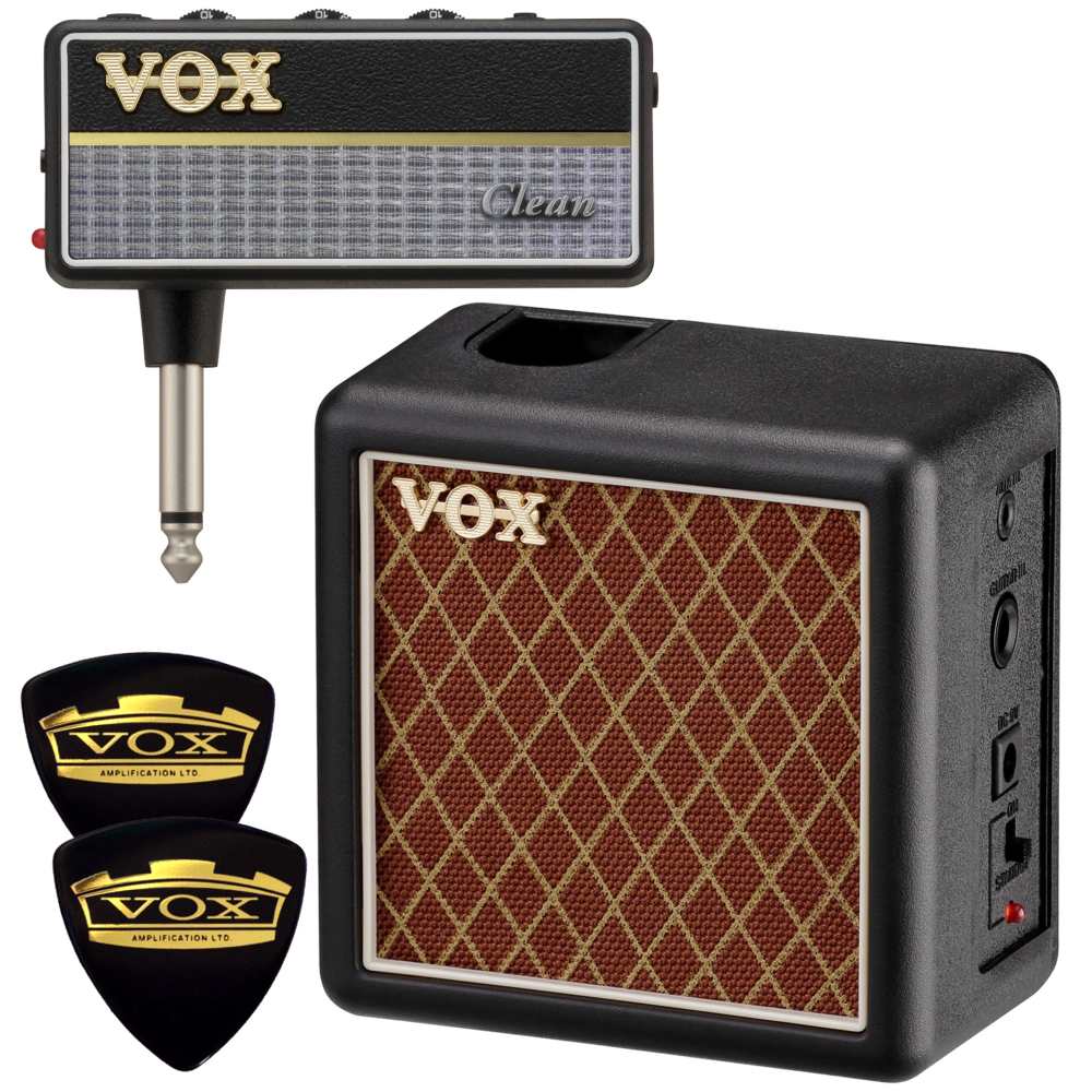 セット内容本体：VOX amPlug2 Clean AP2-CLキャビネット/ミニアンプ：VOX AP2-CABギターに直接プラグ・インできるカジュアルさ、アナログ回路にこだわった本格サウンド、バリエーション豊富なラインナップと、2007年の登場以来、超ロングセラーを続けるamPlug。こだわりのアナログ回路を大幅に改良し、各モデルに3つのモードを用意。ギター・タイプにはエフェクト機能、ベース・タイプにはリズム機能をプラス。さらに180度回転する収納式プラグ機構、自動電源オフ機能と、ユーザビリティも格段にグレードアップしました。もっともシンプルに本格的なサウンドが得られるamPlugなら、場所を選ばず様々なシチュエーションでギタリスト/ベーシストをサポートします。ギター・ケーブル不要。ギターに直接プラグ・イン。最速で本格的サウンドが得られるヘッドホン・ギター・アンプの最新バージョン完全アナログ仕様の回路をすべて刷新し、さらにクリアで臨場感のある音質に各モデルのアンプ・サウンドには3つのモードを用意し、バリエーションも獲得ギター・タイプには9種類のエフェクト（Chorus x 3、Delay x 3、Reverb x 3）内蔵VOX独自のアナログ技術により、多段ゲイン回路を搭載し、真空管による複雑な歪み具合もパーフェクトに再現180度回転する収納式プラグ機構を採用し、ギターに合わせて角度調整が可能最大17時間まで使用可能な電池駆動でいつでもどこでもプレイOKMP3プレイヤーとのジャム・セッションも可能なAUXイン端子装備Mode list Clean=Pure Clean / Twin Clean / Boutique ODSpecifications入出力端子 ヘッドホン・アウト、AUXイン 電源 単4乾電池2本 電池寿命 アルカリ電池使用時＝11時間（FX、RHYTHMオン時）/17時間（FX、RHYTHMオフ時）、マンガン電池使用時＝4時間（FX、RHYTHMオン時）/9時間（FX、RHYTHMオフ時） 外形寸法 86 (W) x 38 (D) x 31 (H) mm質量 40g（電池含まず） 付属品 動作確認用単4乾電池2本 amPlugが卓上ミニ・スタックに！単体ミニ・アンプとしても使用可能！サウンド・クオリティ、プレイアビリティ共に、大きく向上したヘッドホン・ギター/ベース・アンプamPlug2に続き、amPlug Cabinetも全面リニューアル。出力が2Wにパワー・アップし、amPlug2のポテンシャルを損なうことなく、ギター/ベース・サウンドを楽しむことができます。セッティングも簡単。amPlug2をamPlug2 Cabinetの専用ジャックに挿すだけで、卓上ミニ・スタック・アンプへと早変わり。VOX伝統のユニークさも相まってインテリアとしても独特の存在感を発揮します。最新のamPlug2 Cabinetは、それだけではありません。直接ギターを挿すこともでき、単体のミニ・アンプとしても使用可能になりました。さらにAUXインプットも搭載し、外部音源と合わせてセッション・プレイもOK。 ちょっとした時間でも、どんな場所でも気軽に楽しめるamPlug2 Cabinet。一台あるだけで、ギター/ベース・プレイの楽しさが倍増することでしょう。接続端子：Guitar In、amPlug In、Aux In、DC9V In 出力：2W スピーカー：VOXオリジナル3インチx1電源：9V電池（006P）またはACアダプター（オプション）電池寿命：約12時間（9Vアルカリ電池）、約5時間（9Vマンガン電池）外形寸法：100 (W) x 63 (D) x 101 (H) mm重量：260g（電池含まず）付属品：9Vマンガン乾電池（006P）アクセサリー：ACアダプター*すべての製品名、企業名、規格名称は各保有者の商標または登録商標です。*外観および仕様は予告なく変更することがあります。