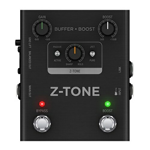 ライブ・リグに最高のトーンとブーストをZ-TONEを搭載したプリアンプ/DIペダルZ-TONE Buffer Boostは、インピーダンスを連続的に調整するZ-TONE、JFET/PUREスイッチ、ACTIVE/PASSIVEのピックアップ・セレクターといったAXE I/O譲りの機能に加え、バッファーとブースト機能を搭載するプリアンプ/DIペダルです。クラス最高のダイナミックレンジと周波数特性を実現しており、ステージやスタジオを問わず、高品位な楽器用プリアンプとしてお使いいただけます。ギター / ベースのトーンの質感を調整できるのはもちろん、複数のエフェクトペダルを使用する際に本来のトーンを保持するバッファーとして、また最大 +10 dBゲインのブースターとして、エフェクトチェーンの初段に入れることで大きな効果が得られます。理想のフロントエンドZ-TONE Buffer Boostは、最高クラスのダイナミックレンジと周波数特性を実現し、あらゆる種類のギター、ピックアップ、演奏スタイルに合う最適なサウンドが得られます。ピックアップの選択PASSIVEパッシブ・ピックアップからの入力を最高のトーンで増幅する回路です。低出力のビンテージ・ピックアップから、最新のハムバッカーまで対応します。ACTIVEアクティブ・ピックアップを使用する場合に、不要なゲイン・ステージをバイパスすることで、ダイレクトでクリーンなサウンドが得られます。モードの選択JFET:わずかな倍音を付加するクラスAのディスクリートJFETモードです。ミッドレンジにあたたかみが加わります。PURE:色付けのない、完全に透明で正確なサウンドです。未体験のトーンとフィーリングギター / ベースのピックアップは、接続する機器のインピーダンスによってトーンが変わります。Z-TONE Buffer Boostは、このインピーダンス値の違いによるトーンの変化に注目し、開発されています。Z-TONE Buffer Boostは、入力インピーダンスを連続的に調整できることで話題となったAXE I/Oと同じZ-TONE回路を搭載しており、入力インピーダンスを2.2 kΩ(BOLD)から1 MΩ(SHARP)の間で調整可能です。インピーダンス値を大きくするとよりシャープに、小さくするとより柔らかなトーンに変化する傾向があります。Z-TONEを使えば、従来のエフェクトチェーンにおいてより理想に近いサウンドを作ったり、これまでにないトーンを生み出したり、1本のギターや既存のエフェクター群を使ってより幅広いサウンドを生み出せるようになるでしょう。パンチのあるエフェクト・リグへZ-TONE Buffer Boostには、ボリュームを最大 +10 dB加えるブースト機能が搭載されています。ここぞという時にブースト機能をオンにすれば、音量とドライブ感が増加し、パンチのあるサウンドが得られます。常に最高のサウンドを長いケーブルの取り回し、複数のストンプが並ぶペダルボード上での結線により、ギターの信号は劣化していきます。Z-TONE Buffer Boostには、このような信号劣化を防ぐための機能が内蔵されており、音色本来のトーンを保持するバッファーとしてもご利用いただけます。Z-TONE Buffer Boostは、9V電池、別売の9V電源アダプター、XLR端子経由の +48Vファンタム電源で動作するので、既存のエフェクター・リグの一部として簡単にお使いいただけます。接続オプションも充実Z-TONE Buffer Boostには、入力信号をエフェクターに出力するLINK OUTに加え、ハム・ノイズに対処するグランド・リフト・スイッチ付きのXLRバランス・アウト、1/4インチ標準のアンバランス・アウトを搭載しています。LINK OUT経由でエフェクターやアンプを鳴らすことはもちろん、XLRまたは標準端子の低ノイズのDI信号をミキサーやインターフェースに送ることも可能。9V電池、別売の9V電源アダプター、XLR端子経由の+48vファンタム電源で動作しますので、ステージに応じて最適な電源供給方法を選択できます。フルバージョンのAmpliTubeソフトウェアが付属Z-TONE Buffer Boostには、AmpliTube 4など、人気のギター・エフェクト＆アンプ・モデリング・アプリ / ソフトウェアが付属します。さらに、アンプやストンプ・エフェクトは、280種を超える膨大なギアから欲しいものだけをアラカルトで追加購入することもできます。FenderRやOrangeR、Mesa-BoogieRといった著名ブランド公認のギアから、SlashやJimi Hendrix、パンテラのDimebag Darrellといったギター・ヒーローが実際に使用していたギアまで、豊富なモデリングが用意されています。憧れの音色を、あなたのものとしましょう!主な特徴ACTIVE/PASSIVEピックアップ選択スイッチ色付けのない、透明で正確なPUREモード倍音とあたたかさを付加するJFETモード入力インピーダンスを連続的に調整するZ-TONEサーキット複数のエフェクターを連結した場合や、長いケーブルを使用したときに本来のトーンを保持するバッファー機能ボリュームを最大 +10 dB加えるブースター機能エフェクターに信号を送るだけでなく、同時にミキサー/インターフェイスにも出力可能ハム・ノイズを抑えるグランド・リフト・スイッチ付きデザインから製造まで一貫してメイド・イン・イタリー内容品:Z-TONE Buffer Boost本体寸法と重量:10.8 cm x 12 cm x 5.8 cm470 g