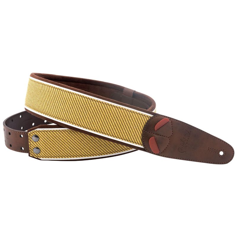 【お取り寄せ】※メーカー品切れの場合、お時間をいただく場合もございます。お急ぎの方はお手数ですが、ご注文の前にメールで在庫の確認のお問い合わせを下さい。あ。あの柄だ！ツイードブラウンのギターストラップは、クラシックなアンプデザインにインスパイアされたギターストラップです。採用された素材は耐久性をテストされた素材。裏地のマイクロファイバーは吸水性に優れており滑りにくいので、演奏時の快適性を高めています。また、5mm厚のラテックスをパッドに使用。クッション性を高め、肩への負荷を軽減させます。RAS調整システムにより100〜145センチメートル間を長さ調整が可能。Spec幅: 6cm長さ: 100?145cm