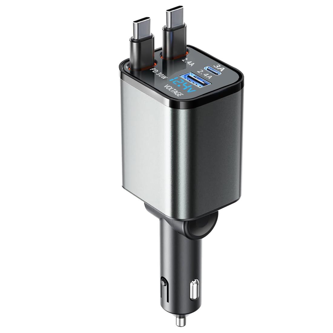 【巻き取り・タイプc 2本】CARXtruck シガーソケット 車 充電器 Type-C巻き取り式充電ケーブル2本 4台同時充電可能 LED表示電圧 急速充電 カーチャージャー スマホ 車載充電器 iPhone, iPad, Galaxy, Xperia,Google, AQUOS 対応 12V-24V車対応 車用品 カー用品 便利グッズ ハ