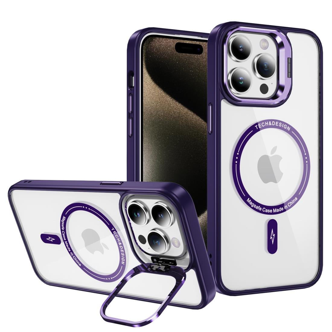 Cakublse iPhone 15 Pro Max 用 ケース Magsafe対応 (クリア PC 背面 カバー + ダークパープル TPU バンパー) 米軍MIL規格 耐衝撃 いphone15pro Max 対応 ケース ストラップ穴付き リング スタンド 付き(2)