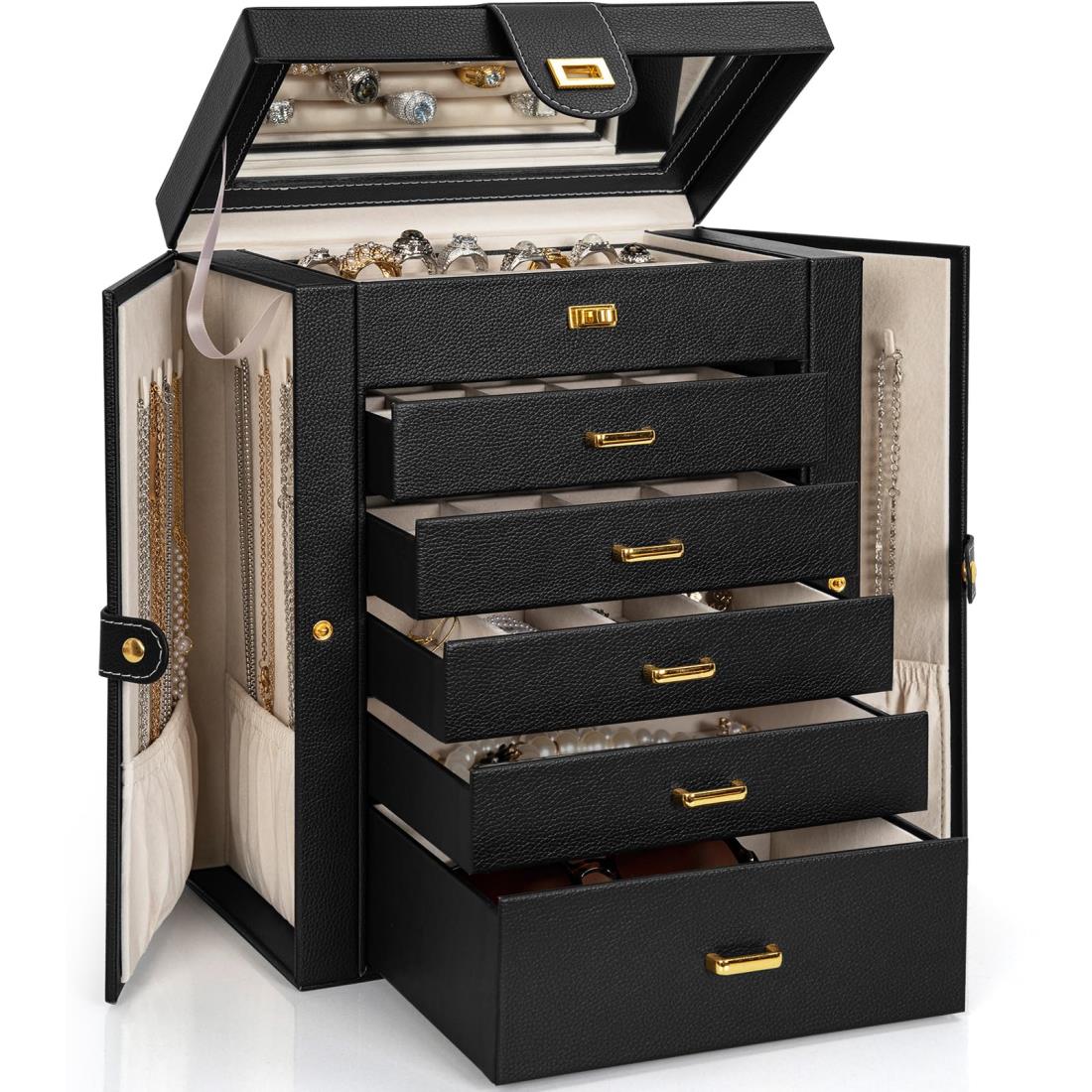 AKOZLIN 大容量 ジュエリーボックス 6段 鏡付き アクセサリーボックス ジュエリー収納 アクセサリー収納ケース ジュエリーケース 5段引き出し 高級宝石箱 M: 21×15×26cm ブラック