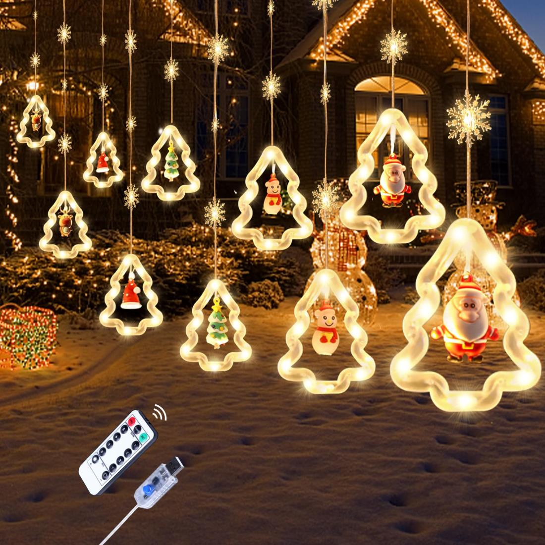 DRERIO クリスマスled イルミネーションライト【5.7m 140電球 8種類の照明モード リモコン付 USB充電式】ツリー形 カーテンライト クリスマス飾り 壁 装飾 おしゃれ 雰囲気満々 防水防塵 省エネ クリスマス 電飾 室内/室外 部屋 中庭 庭 デコレーション(ツリー形＋雪の結晶)