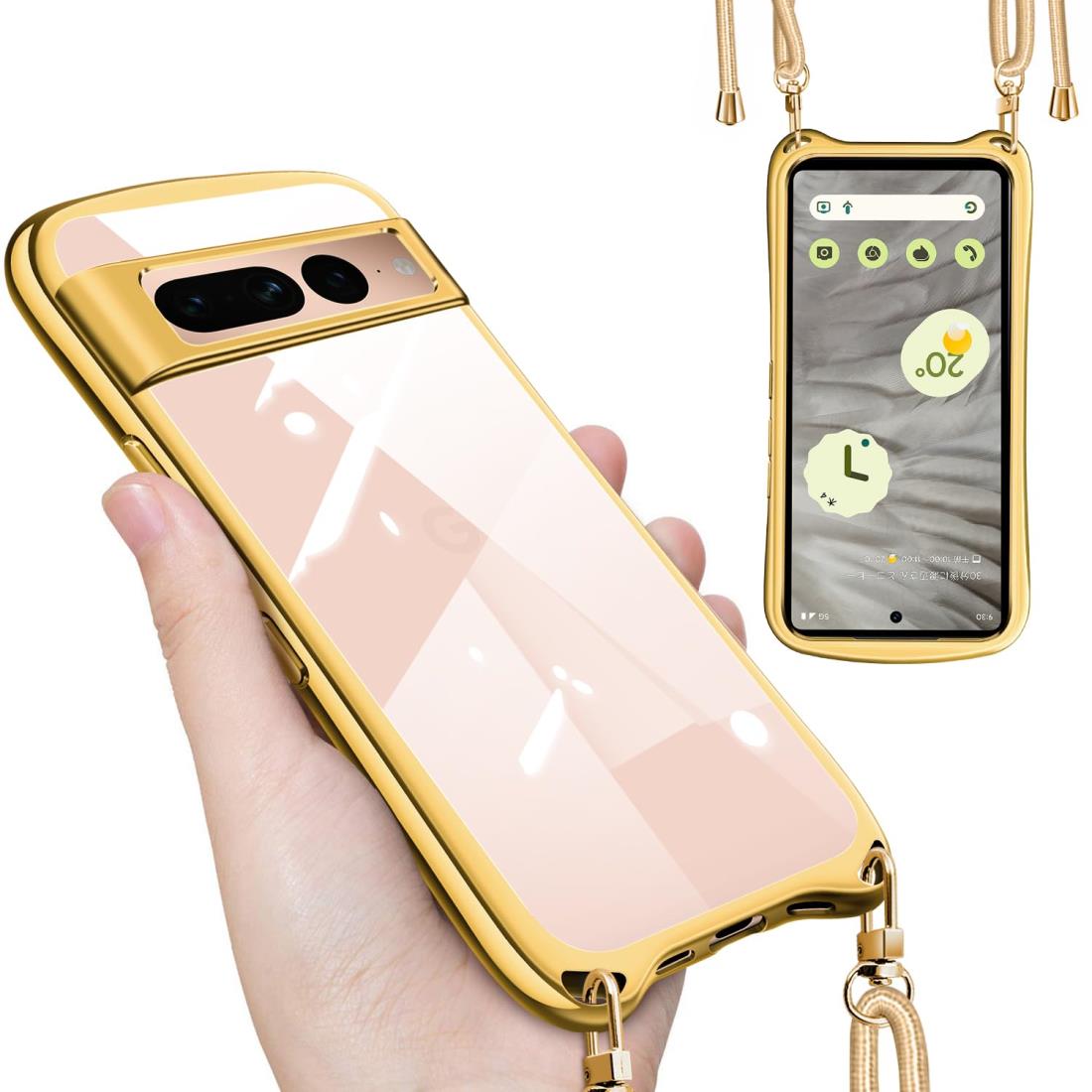Google Pixel 8 ケース クリア ショルダー ストラップ付き グーグル ピクセル8 カバー 透明 肩掛け 縄掛け 斜めかけ TPU メッキ加工 耐衝撃 全面保護 薄型 韓国 可愛い Pixel8 スマホケース （ゴールド）