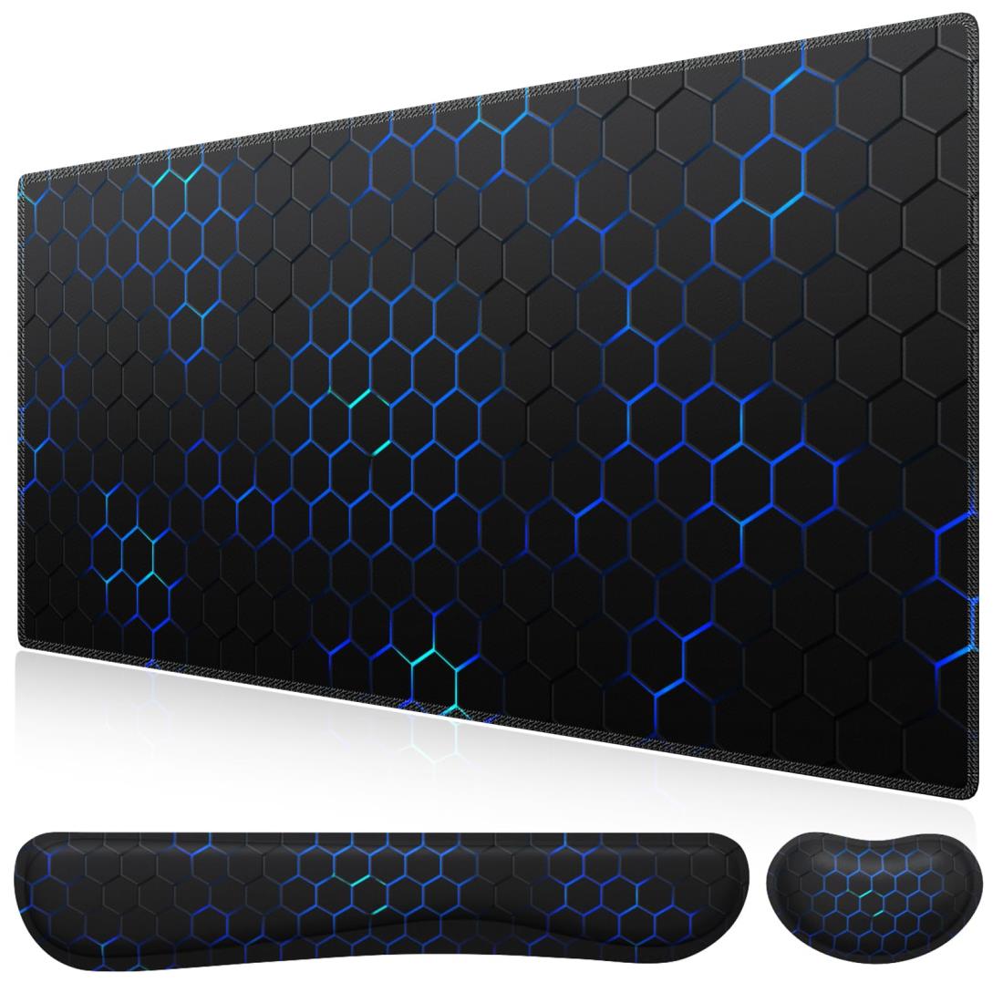 iCasso マウスパッド リストレスト3点セット 90x40cm 大型 ゲーミングマウスパッド 低反発 キーボード用+マウス用 手首クッション 長さ45+14cm 人間工学 アームレスト 疲労軽減 ゴムベース 滑り止め（ハニカム・ブルー）