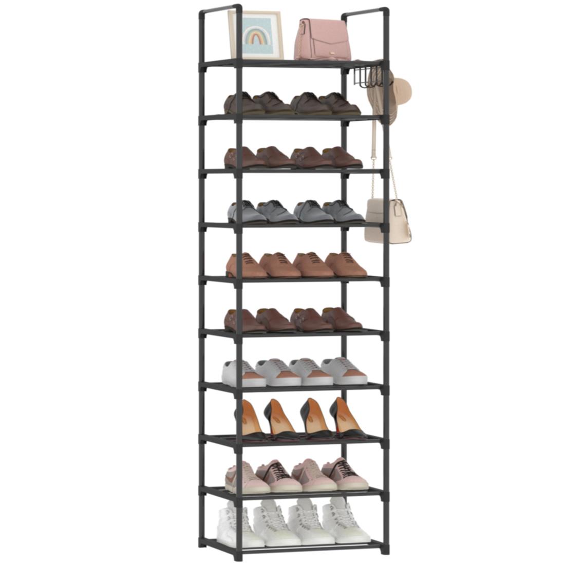 Lxvckly 靴ラック 10段 メタル ナロー 靴オーガナイザー 高さ20組 フック付き 縦型 靴 ブーツオーガナイザー 玄関/クローゼット/廊下用ブラック
