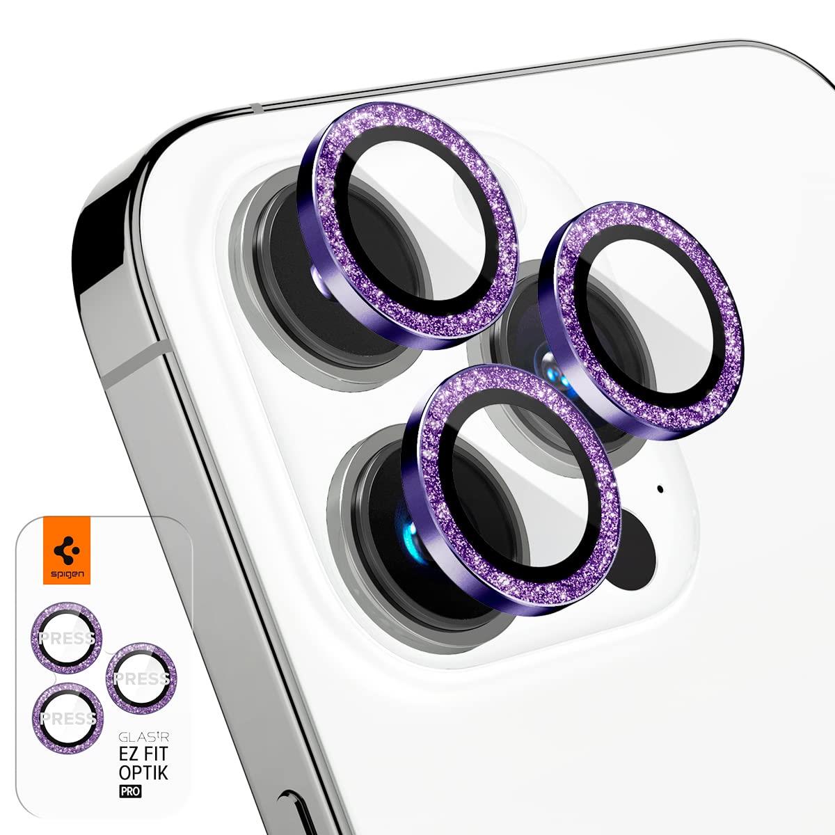 Spigen EZ Fit Optik Pro iPhone 14 Pro、iPhone 14 Pro Max 用 カメラフィルム キラキラ ラメ入り 貼り付けキット付き レンズ保護フィルム グリッター ディープパープル 1枚入り