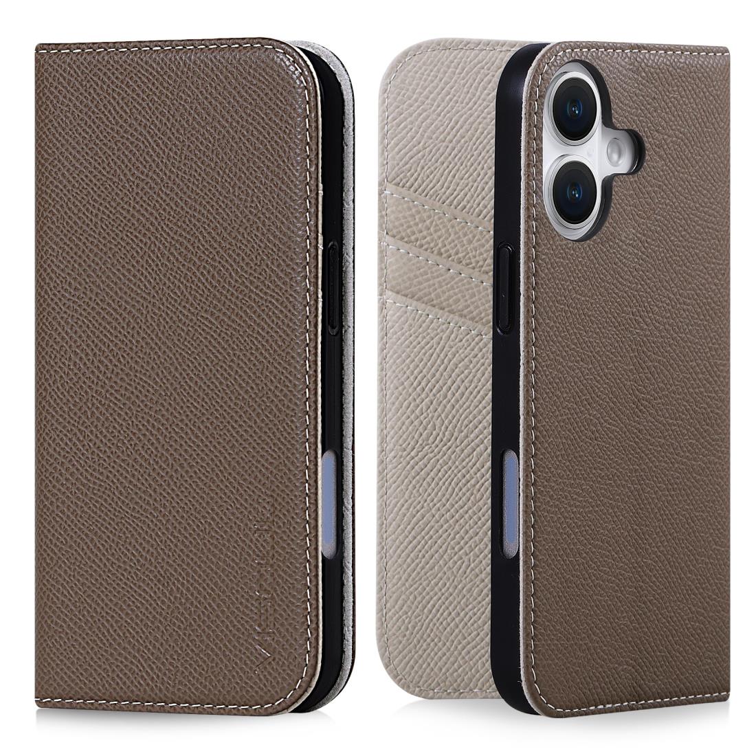 VISOUL iPhone16 対応 ケース 手帳型 本革 MagSafe対応 アイホン16 スマホケース レザー カード収納 携帯カバー 全面保護 マグネット式 横置きスタンド機能 柔軟なTPU素材 あいふぉん16 6.1インチ対応 アイフォン16 ブラウン・グレー