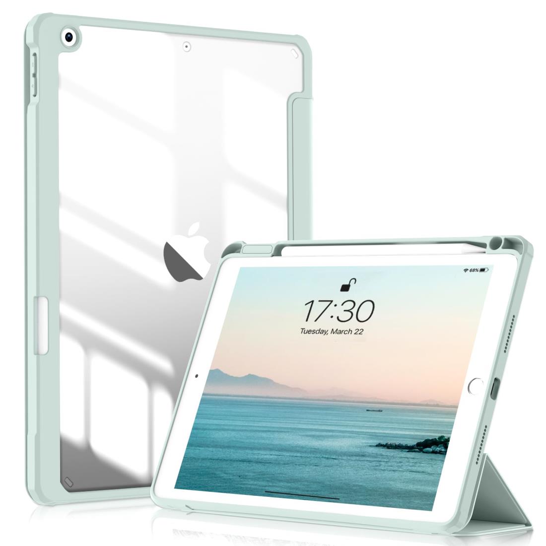 SQBEBS iPad 10.2 ケース iPad 第9世代 ケース 2021/ iPad 第8世代 / 第7世代 2020/2019 クリア透明アクリル製 ペンシルホルダー付き 軽量 薄型 衝撃吸収 自動スリープ/スリープ解除機能付き ライトグリーン