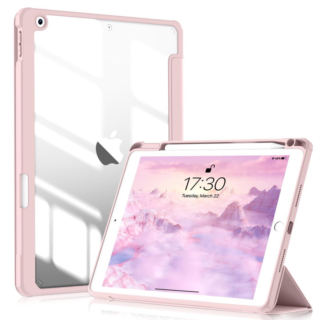 SQBEBS iPad 10.2 ケース iPad 第9世代 ケース 2021/ iPad 第8世代 ケース 2020/ iPad第7世代ケース 2019 クリア透明アクリル製 ペンシルホルダー付き 軽量 薄型 衝撃吸収 自動スリープ/スリープ解除機能付き ピンク
