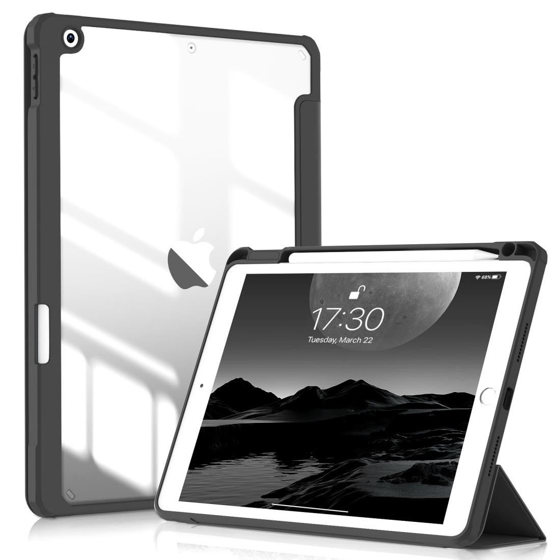 SQBEBS iPad 10.2 ケース iPad 第9世代 ケース 2021/ iPad 第8世代 ケース 2020/ iPad第7世代ケース 2019 クリア透明アクリル製 ペンシルホルダー付き 軽量 薄型 衝撃吸収 自動スリープ/スリープ解除機能付き ブラック