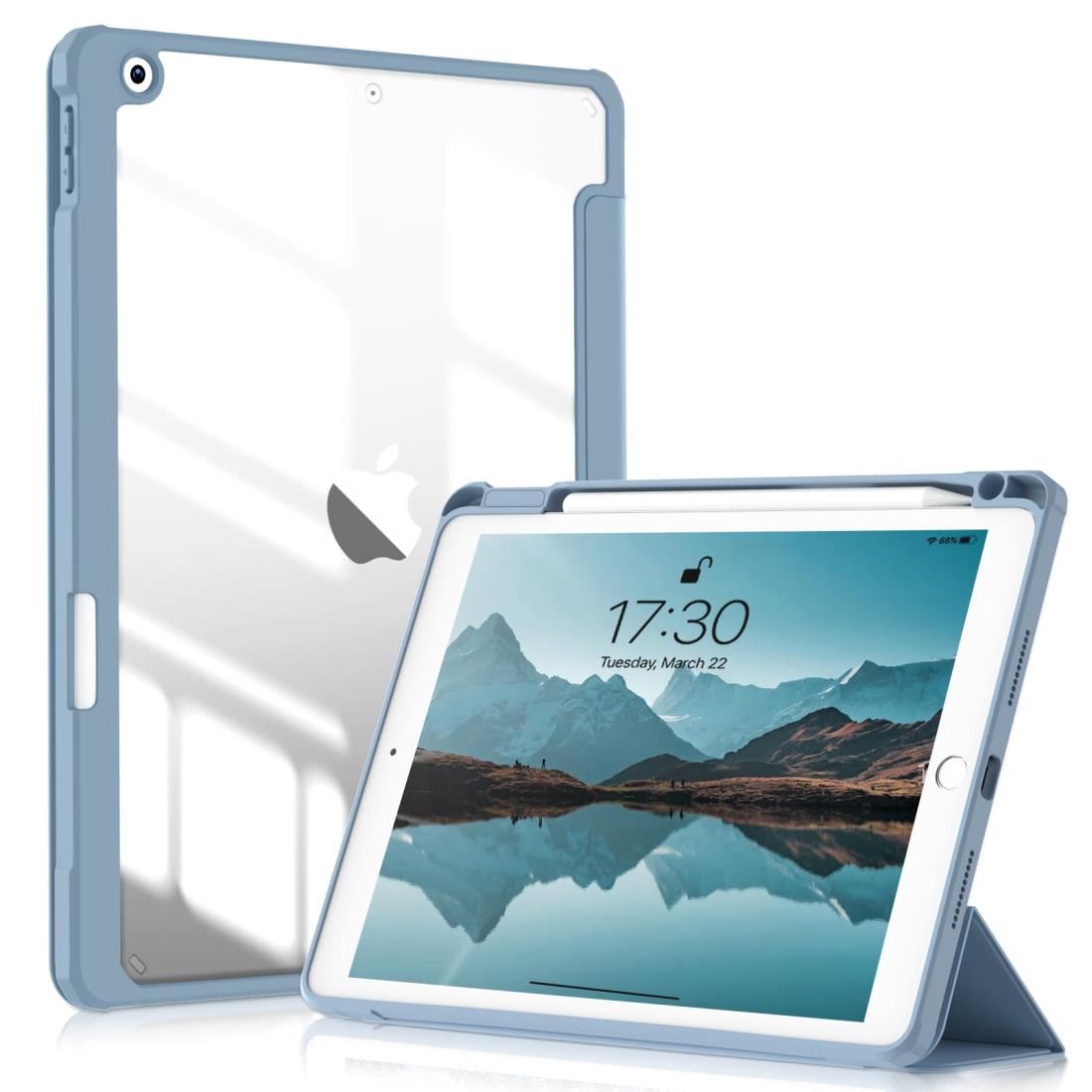 SQBEBS iPad 10.2 ケース iPad 第9世代 ケース 2021/ iPad 第8世代 ケース 2020/ iPad第7世代ケース 2019 クリア透明アクリル製 ペンシルホルダー付き 軽量 薄型 衝撃吸収 自動スリープ/スリープ解除機能付き スカイブルー
