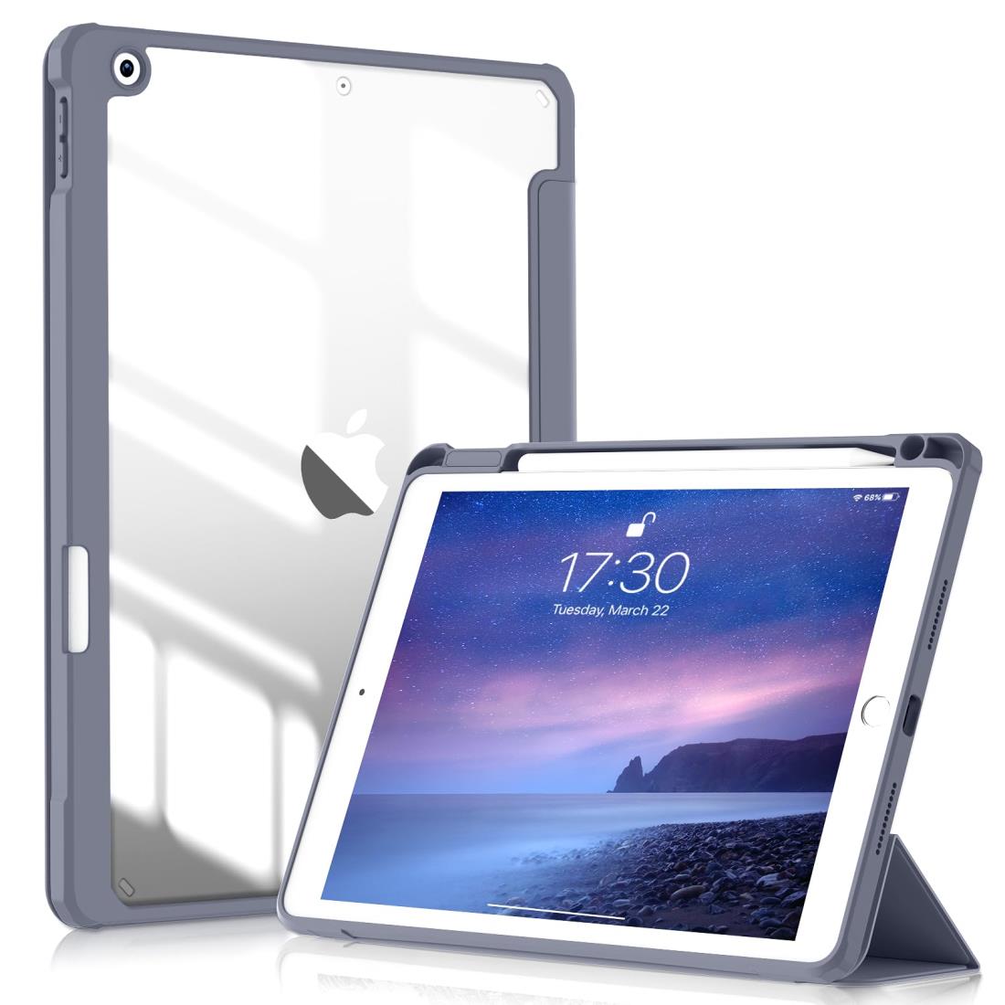 SQBEBS iPad 10.2 ケース iPad 第9世代 ケース 2021/ iPad 第8世代 ケース 2020/ iPad第7世代ケース 2019 クリア透明アクリル製 ペンシルホルダー付き 軽量 薄型 衝撃吸収 自動スリープ/スリープ解除機能付き グレーブルー