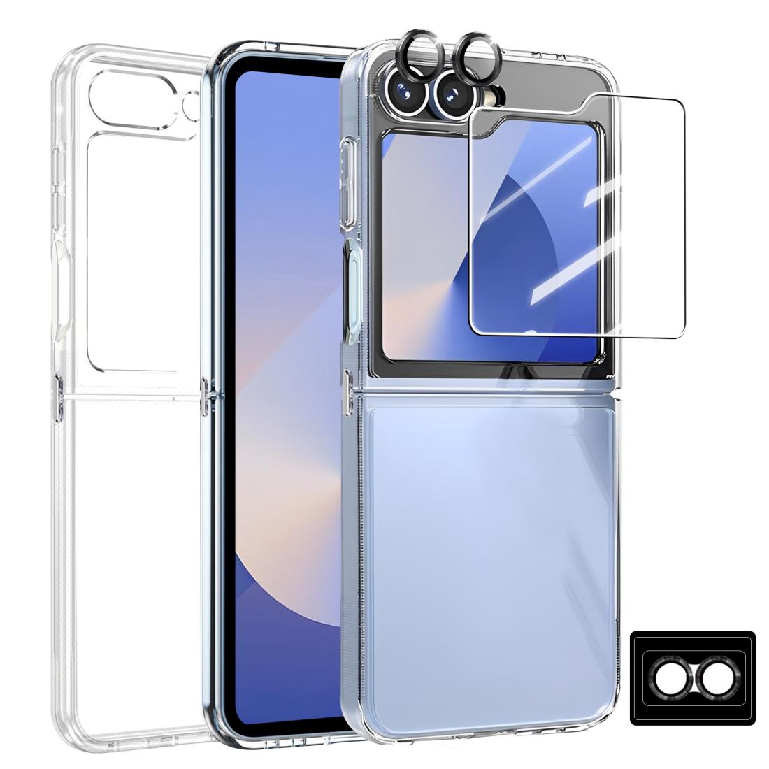 ZXZone for Galaxy Z Flip6 ケースクリア*1枚+ガラスフィルム*1枚+カメラフィルム*1セット レンズ保護 衝撃吸収 TPU+PC 黄ばみにくい 耐黄変 ワイヤレス充電対応 ギャラクシーZ Flip6 SC-54E 透明スマホケース 保護カバー 保護フィルム (Galaxy Z Flip6)