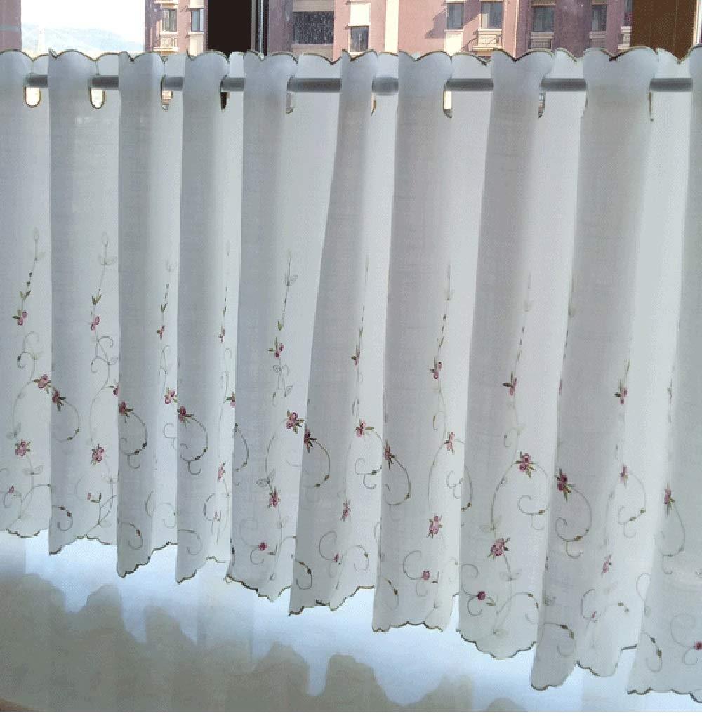 田園風 白いカフェカーテン 花柄 青葉 刺繍 短いカーテン布 外からは見えない キッチン 洗面所 間仕切り小窓用 カフェ屋 喫茶店 窓飾り 選べる9つのサイズ 1個 幅170cm×丈42cm