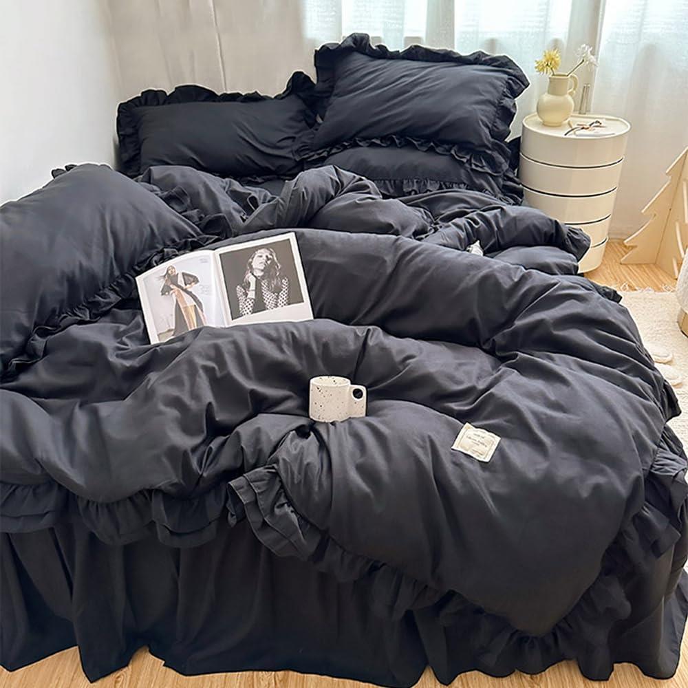 布団カバーセット フリル 寝具カバーセット 3点セット 4点セット ベッドカバー 可愛い 洗える 掛け布団カバー ボックスシーツ 枕カバー かわいい 布団かばー アイボリー 洋式・和式兼用 ふとんかばー ふとんカバー しんぐる (ブラック, ダブル・4点セット)