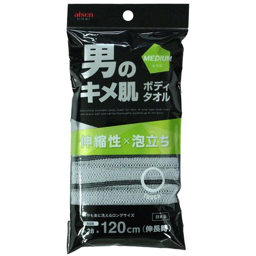 サイズ:通常時=約 28×80cm、伸長時=約 28×120cm、材質:ポリエステル 65%、ナイロン 20%、ポリエチレン 15%、耐熱温度:80度、生産国:日本 好みにあわせてかたさを選べる「男のキメ肌」シリーズ。 体が大きな方も背中が洗いやすいロングサイズ。 ふわふわ編みで泡立ちがよく、伸び縮みするタオルです。適度なシャリ感で洗い上がりがサッパリします。 水切れが良いので、すすぎがとても簡単で衛生的です。