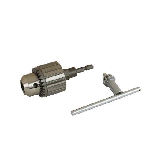 チャック掴み使用可能サイズ:1.5~13mm 取付可能軸形状:丸軸・六角軸・丸軸面取等 対応機種:インパクトドライバー用・回転専用 軸:6.35mm六角軸、仕様:キー付き 軸取り付けネジサイズ:1/2-20UNF、軸取り付け六角対辺:16mm