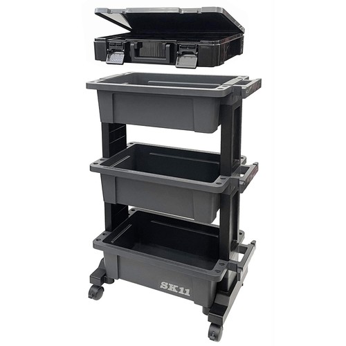 ツールワゴン外寸:W490×D295×H785mm、ツールワゴンボックス部内寸:W345×D224×H123mm ツールワゴン重量:約4.3kg、ツールワゴン耐荷重:約30kg(1段あたり10kg) パーツストッカー外寸:W405×D290×H78mm、パーツストッカー内寸:W364×D65×H60mm(×3列) パーツストッカー仕様:仕切15枚付きで最大18分割 材質:ポリプロピレン