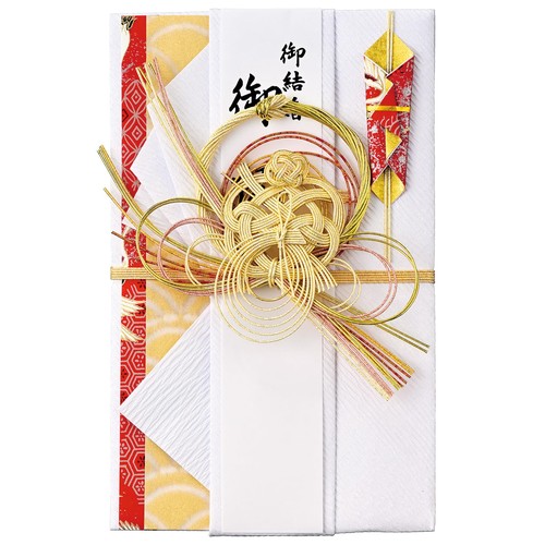 縁起物の象徴「鶴」の水引飾りに、上品な檀紙と友禅紙をあわせることで豪華さと清楚さを兼ねそなえた金封。 用途婚礼・御祝事全般 金額の目安5万円~100万円くらいまで サイズ130×205mm 短冊寿・御結婚御祝・御祝・無地 中袋付