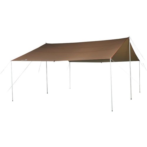 セット内容:タープ本体、自在付ロープ(二又用10m×2、3m×8)、ポールケース、ぺグケース、キャリーバッグ 材質:本体/210Dポリエステルオックス・遮光ピグメントPUコーティング耐水圧3,000mmミニマム・UVカット加工・テフロン撥水加工 キャリーバッグサイズ:80×17×22(h)cm 重量:5kg(本体、ロープ含む) 対応人数:8名