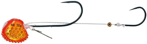 サイズ: 30g (8号) カラー: #24 メタリックオレンジ ヘッド:「ラグゼ 桜幻 デルタシンカー TG」......圧巻のフォールスピードと抜群の着底感度を持つ高比重タングステン合金製ヘッド。 特徴:「ワンタッチエビキーパーmini搭載」「プラグインシステム対応」「親鈎・子鈎(桜幻 鯛テンヤプラグイン 替え鈎)標準装備」「ヘッド: 扁平なデルタ形状ボディボトムタッチバンバー搭載ディンプル加工」 品目コード: 19-409 / シリーズ名: 桜幻 鯛テンヤプラグインTG......固定式の親鈎がフッキングと同時に遊動式に変化するプラグインシステム搭載 (※使用例: ソケットホールにプラグインシステム対応の鈎を差し込むと、固定式鯛テンヤと同様の鈎セッティングになり、フッキング後はシンカーから鈎が分離することで遊動式となり、バラシを軽減)
