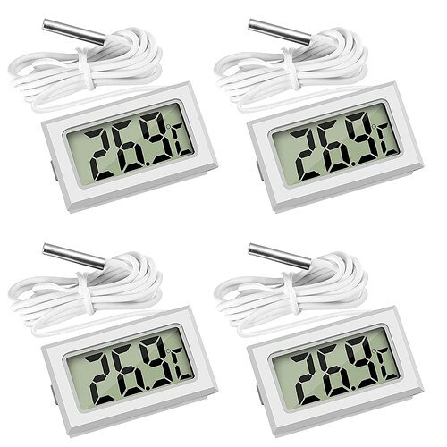 パケージ内容サイズ:4.8×2.8×1.5cm,ボタン電池(LR44)2個使用,4個セット。 測定範囲温度範囲:-50°C～110°C、温度測定誤差:±1°C、分解能:0.1°C、動作温度:0°C～50°C、保存温度:-10°C~60°C。 簡単なデザイン液晶画面を読みやすい,文字が大きくて見やすいです、高齢者の方や子供たちにもはっきりくっきりと見やすい温度湿度計です。 収納に便利小さくて持ち運び便利だけではなく、場所を取らなくて、収納に便利です。 多様の用途普通の家庭用は勿論、リード線の先に温度センサーが付いており、動物飼育、熱中症予防、水槽、冷蔵庫、車内などにも役立ちます。(大量購入が必要な場合は、に連絡して価格を聞いてください。)