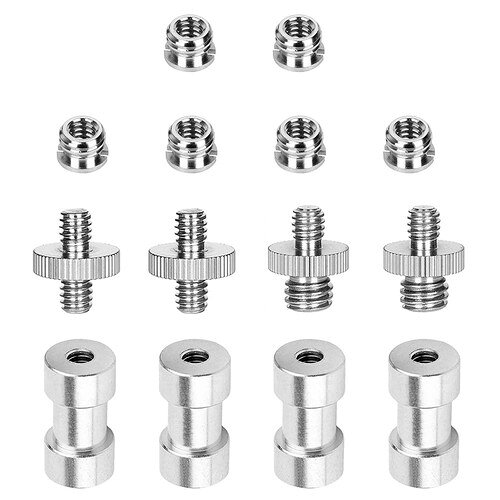 商品仕様 セット個数:14個セット ,規格:1/4メス⇔3/8オス×6個、1/4オス⇔1/4オス×2個、1/4オス⇔3/8オス×2個、1/4メス⇔3/8メス*4個。 材質ステンレス製のネジは耐食性に優れており錆びにくく、軽量で丈夫な高品質素材ですのでカメラや雲台を傷つけたり過度な摩擦を与えることなく、しっかりと固定することが出来ます。 双方向ネジ変換アダプタアダプターセットは単独で、または組み合わせてご利用可能で、1/4” 3/8” ダボネジまたはインターフェース間の自由変換を実現します。 操作が便利精度の高い仕上げなので、細部まで使いやすさを追求しつつ、機材の組み替えに大活躍です。三脚、一脚や雲台などを取り付ける時、使用します。撮影に便利なアイテムです 幅広い使用三脚/一脚取付ネジ、自撮り棒、カメラフラッシュライト、雲台などの撮影用機材,撮影スタジオの専門機材も対応できます。