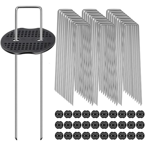 製品仕様ピン:JISS58C錆防止亜鉛メッキスチール製、専用黒丸:ポリエチレン製、サイズ:3x15cm 数量:30本セット(30本ピン+30本黒丸)。 ご注意:先端が尖ってます。怪我を防止するため開封または設置の際、手袋を着用下さい。 広範囲な用途Uピンは、人工芝、防草ボード、テント、不織布、プラスチックマルチなどの設置や固定に使用できます。テントの固定ピンとしても使えます。 高品質材料スチール製のピンは、表面は亜鉛メッキ処理なので、長時間錆防止と腐食防止が可能です。黒丸は2mm厚さポリエチレン製なので、折れにくいし繰り返し使用も可能です。 簡単な設置防草シートを固定するための杭です。黒丸付きの為、シートを傷めずにしっかりと固定します。台風でもしっかりと固定でき、固定面積が広くなり、強風でもビニールが破けなく、安定感は抜群です 。尖端が斜めにカットされているのでシートにちょっと触れるだけでサクッと差し込めて位置決め可能です。ゴムハンマーをにも使うと簡単に打ち込むことができます。 取扱注意人工芝のベース材を突き抜けてかたい地面にもささりやすいよう、先端をフラットではなく尖らせています。手を怪我しないようご注意ください。また、お子様がいったら、使わない時には、お子様の届かない所に収納 してください。