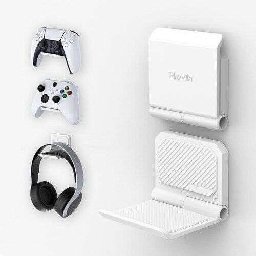 ゲームコントローラーウォールマウントホルダーは、ほとんどのゲームコントローラーやその他のサードパーティ製ゲームコントローラーやヘッドセットに対応します。 ユニークな折りたたみ式ゲームコントローラーウォールマウントは、占有壁スペースは最小限で、折りたたむと厚さ11.5 mm になり、より多くのスペースが確保でき、最大角度88°まで開くことができます。 コントローラーの壁ホルダーの表面にある長いツイル滑り止めラインにより、コントローラーとゲームヘッドフォンを効果的に固定し、揺れを軽減し、偶発的な落下を防ぎます。 耐久性のあるABSプラスチック製で、デスクトップスペースを最適化し、コントローラーやゲームヘッドセットをきれいにするための最大耐荷重2kgの理想的なソリューションです。 付属している強力な接着剤やネジを使用して壁に取り付けてください。インストールの詳細については、YouTube チャンネル「PlayVital」を検索して、解説動画をご覧ください。