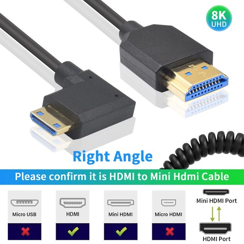 Duttek 8K Mini HDMI コイルケーブル 2.1規格 48Gbps 超薄型右L型ミニ HDMI 2.1オ...