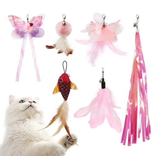 多種類猫おもちゃ:6ピンク系玩具、楽にできる羽単品のおもちゃです。 多種類おもちゃ:猫ちゃんがうれしくなるピンク系の羽根おもちゃ、2つふわふわ異なる模様の羽根、1つポンポンボール、1つ長めリボン、1つチョウチョウと1つ赤い魚、6点用羽根おもちゃ。猫ちゃんが好きな羽根のおもちゃセットです。 鈴付き:猫じゃらしは鈴が付きるため、じゃれると音がして猫の興味を引きやすくなっています。そうすると、猫は気が狂ったように追いかけます。 ストレス、運動不足解消:猫の好奇心の天性を呼び出し、室内外を問わず、楽しく遊べます。運動不足を改善して、猫のストレス解消に役立ちます。猫ちゃんの大好物。 猫じゃらし用羽単品:6ピンク系玩具、楽にできる羽単品のおもちゃです。