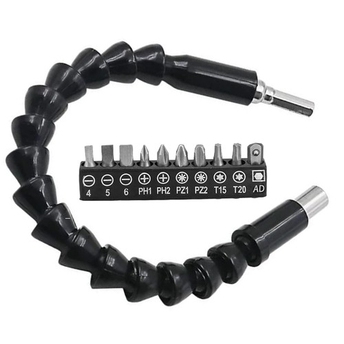 1、フレキシブルシャフト仕様:●材質:炭素鋼+プラスチック ●六角シャンク:6.35mm(1/4 ") ●内側六角ヘッド:6.35mm(1/4 ") ●長さ:295mm / 11.6inch ●カラー:ブラック ●形:ヘビ ●パッケージ内容:フレキシブルシャフト*1+ドライバービット*10 2、●1/4 インチの六角ドリルビットにフィット:通常のハンドドリルと電動ドリルに適した1/4インチの六角スクリュードライバー 接続ホルダーです。●優れた品質:電動 六角ドライバー フレキシブルシャフトは、高品質のプラスチック材料と鋼合金の六角頭を組み合わせて作られています。丈夫で耐久性があります。 3、柔軟性:295cm(11.6インチ)シャフトは さまざまな角度で曲げたり、ねじったり、回転させることができます。手の届かない奥まった所、狭い場所のネジ締め、穴をあけるなどができます。柔軟性が抜群で使えて非常に便利です。 4、アプリケーション:このドリルビットホルダーは、電動ドリル、充電式電動ドリルまたは手動レンチ、手動ドライバーまたは電動ドライバー(低速)に接続できます。コンピュータのシャーシ、電気キャビネット、家具、電化製品など、ドライバが動作しにくいスペース、デッドエンド、その他の場所を狭めるために主に使用されます。 5、ドライバーセット:レンチは6.35mm(1/4 インチ)の六角ドライバービットに適合し、ドライバーセットには、10種類のドライバービットが装備されています、さまざまな種類のネジを駆動するために使用できます。