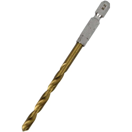 サイズ:5.2mm 標準穴あけ可能厚:(鉄)2.0mm・(木)らせん溝長の2/3程度 軸:六角軸6.35mm 使用電動工具:充電式インパクトドライバー・ドリルドライバー・電気ドリル 加工材料:鉄・木・樹脂・軽金属