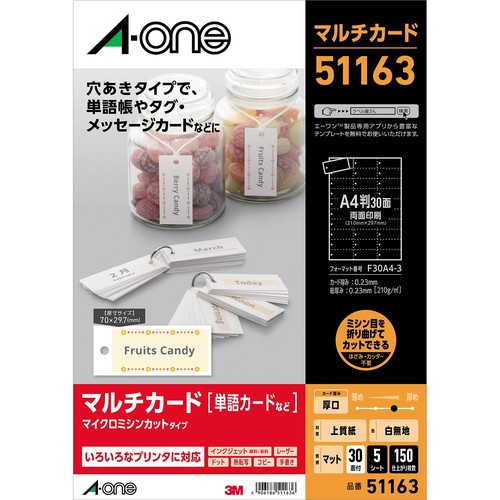 白無地/材質:上質紙/標準厚み:210g/m2(0.23mm) A4判 30面 単語カードサイズ 穴あきタイプ/シートサイズ:A4判 (210mm×297mm)/カードサイズ:70mm×29.7mm(3列×10段) 対応プリンタ:インクジェット(染料・顔料) コピー 熱転写 ドット 手書き