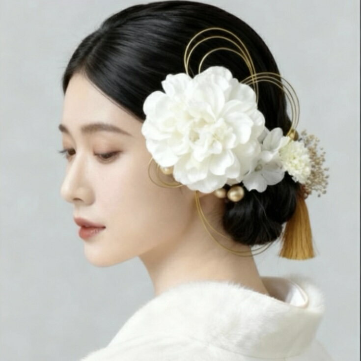 和装 髪飾り ダリア 7点セット 赤 白 タッセル 水引き 金 ゴールド 大輪 着物 振袖 色打掛 白無垢 ヘッドドレス 花 ゴールド かすみ草 リーフ プリザ...