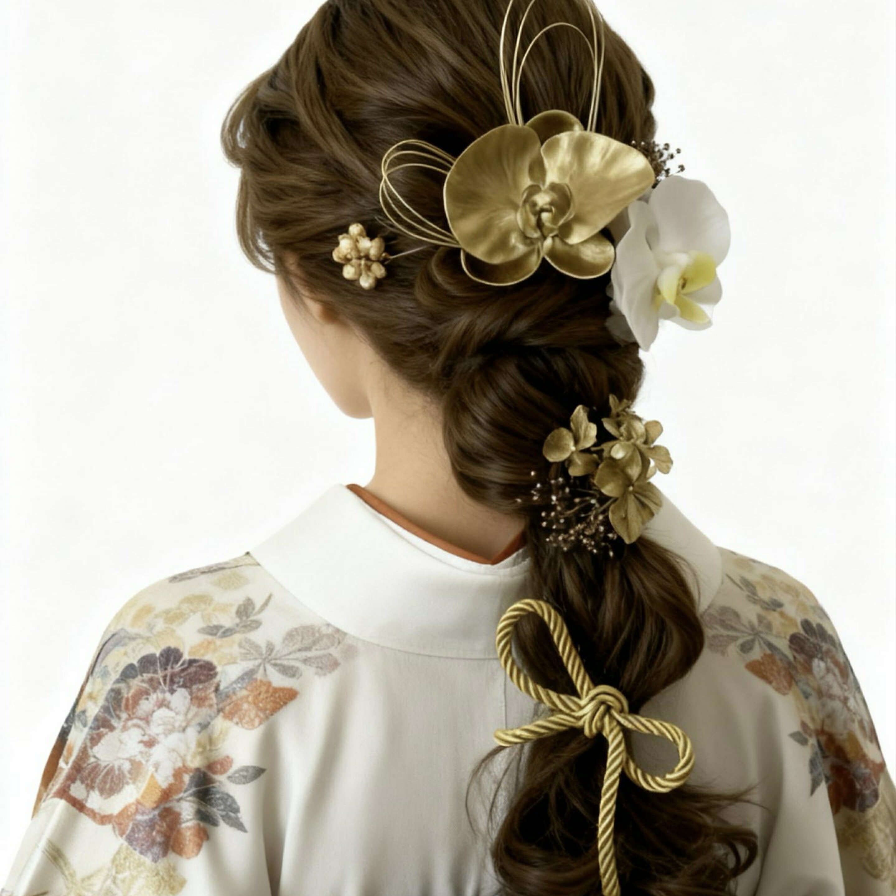 和装　髪飾り　蘭　8点セット　ゴールド　胡蝶蘭　着物　振袖　色打掛　白無垢　ヘッドドレス　花　ゴールド かすみ草　リーフ　プリザーブドフラワー 透かし　ヘッドピース　ヘアアクセサリー　結婚式 ウェディング ブライダル アーティフィシャルフラワー　造花